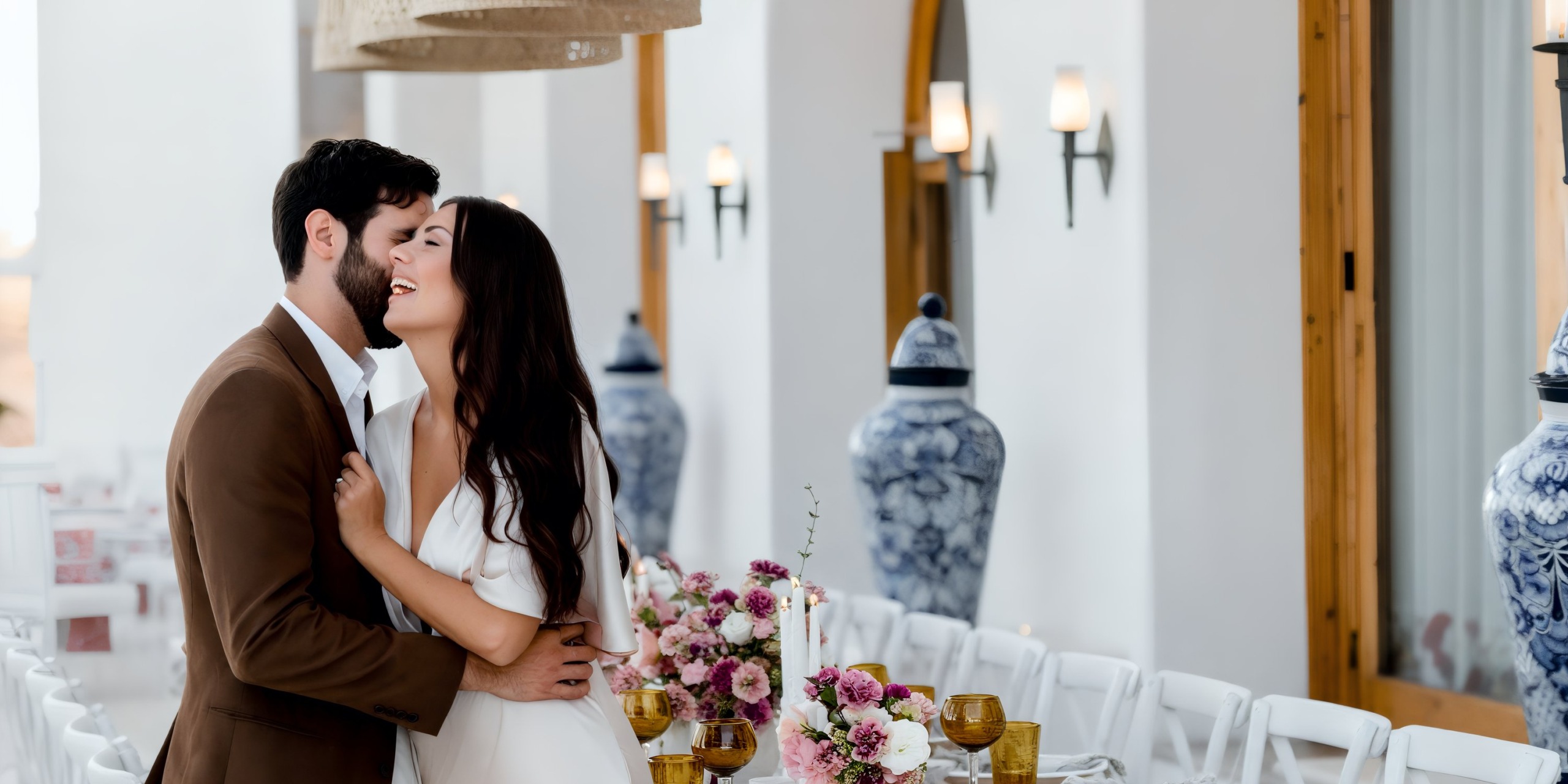 A couple embraces and smiles in a well-lit room with white walls, enhanced by Marquis Los Cabos decorative vases and a table adorned with pink and white flowers.