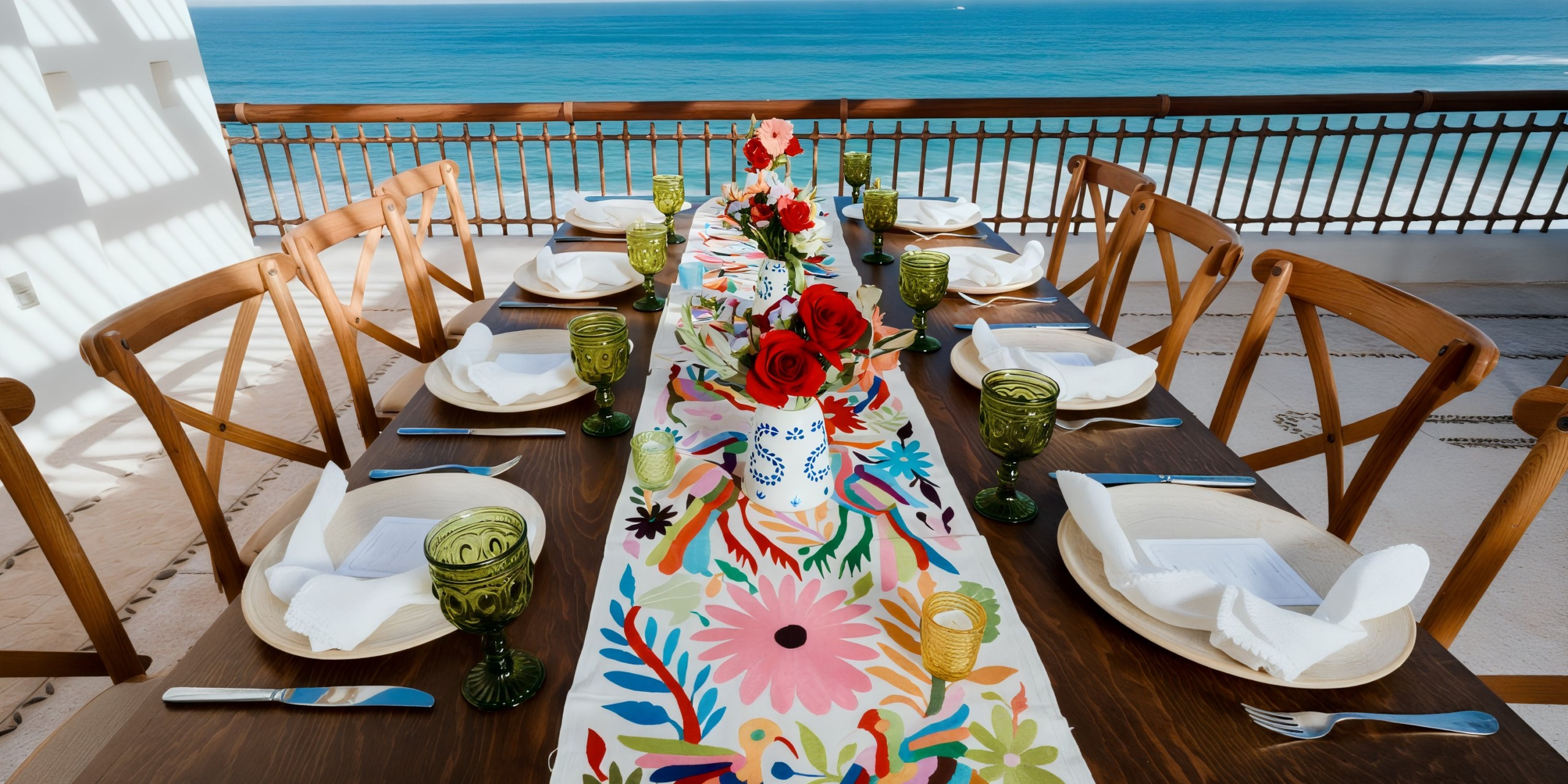 A long dining table set for a meal with colorful floral decorations, glassware, plates, and napkins at Marquis Los Cabos, overlooking a balcony view of the ocean.