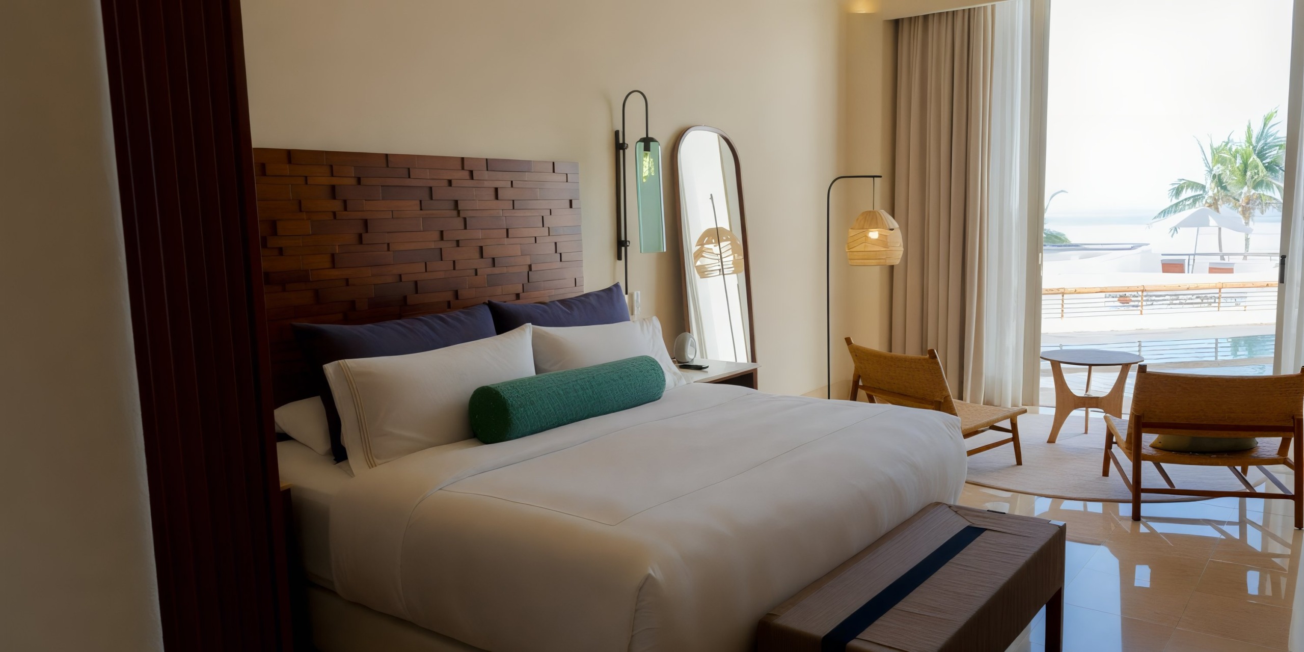 A room at the Marquis Los Cabos features a large bed with a wooden headboard and green bolster pillow. It includes a mirror, chair, and small table by a window with views of the balcony and pool.
