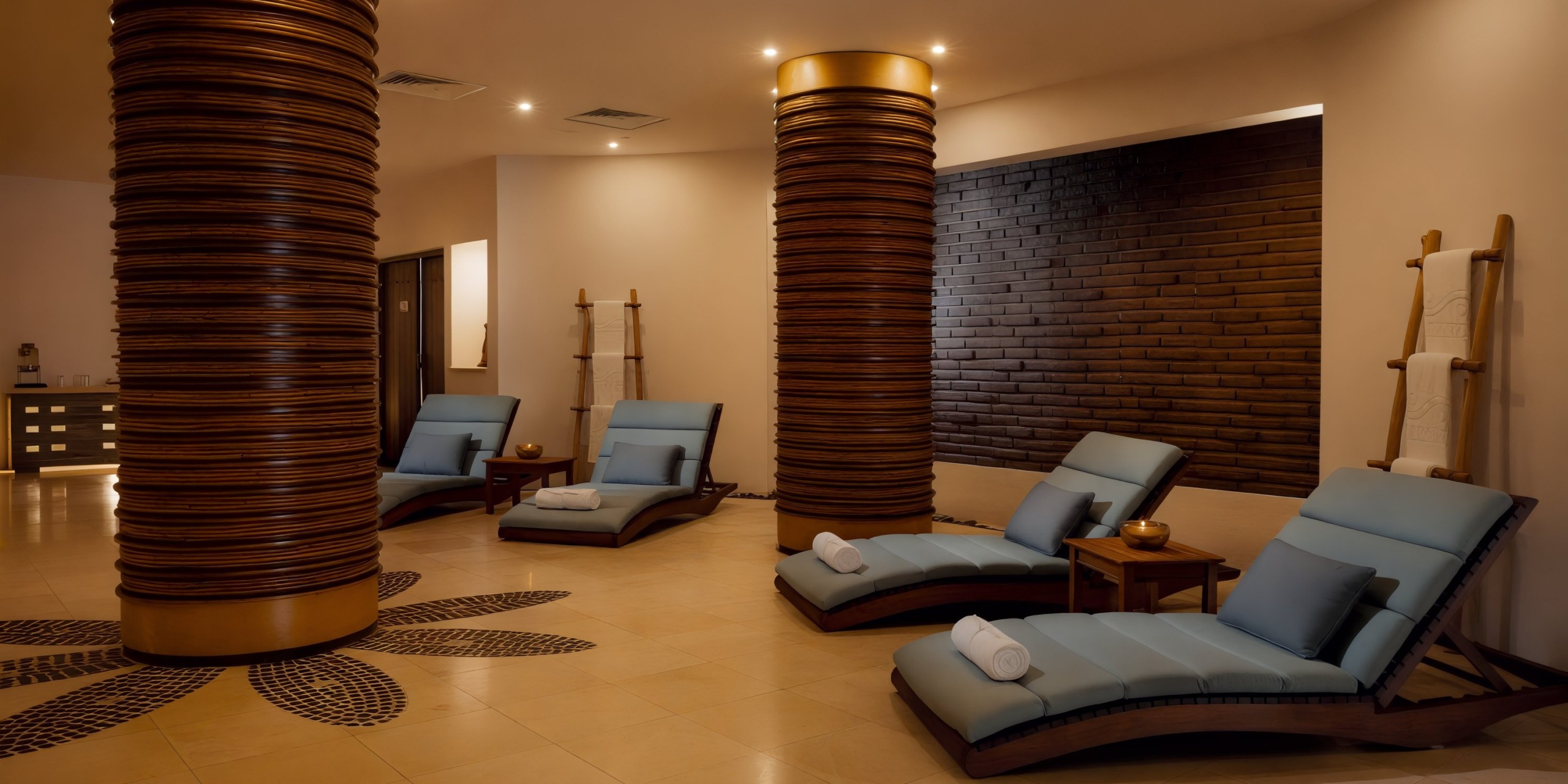 The Marquis Los Cabos spa room features several lounge chairs with blue cushions and white towels, complemented by wooden pillars. The warm ambient lighting creates a tranquil atmosphere.
