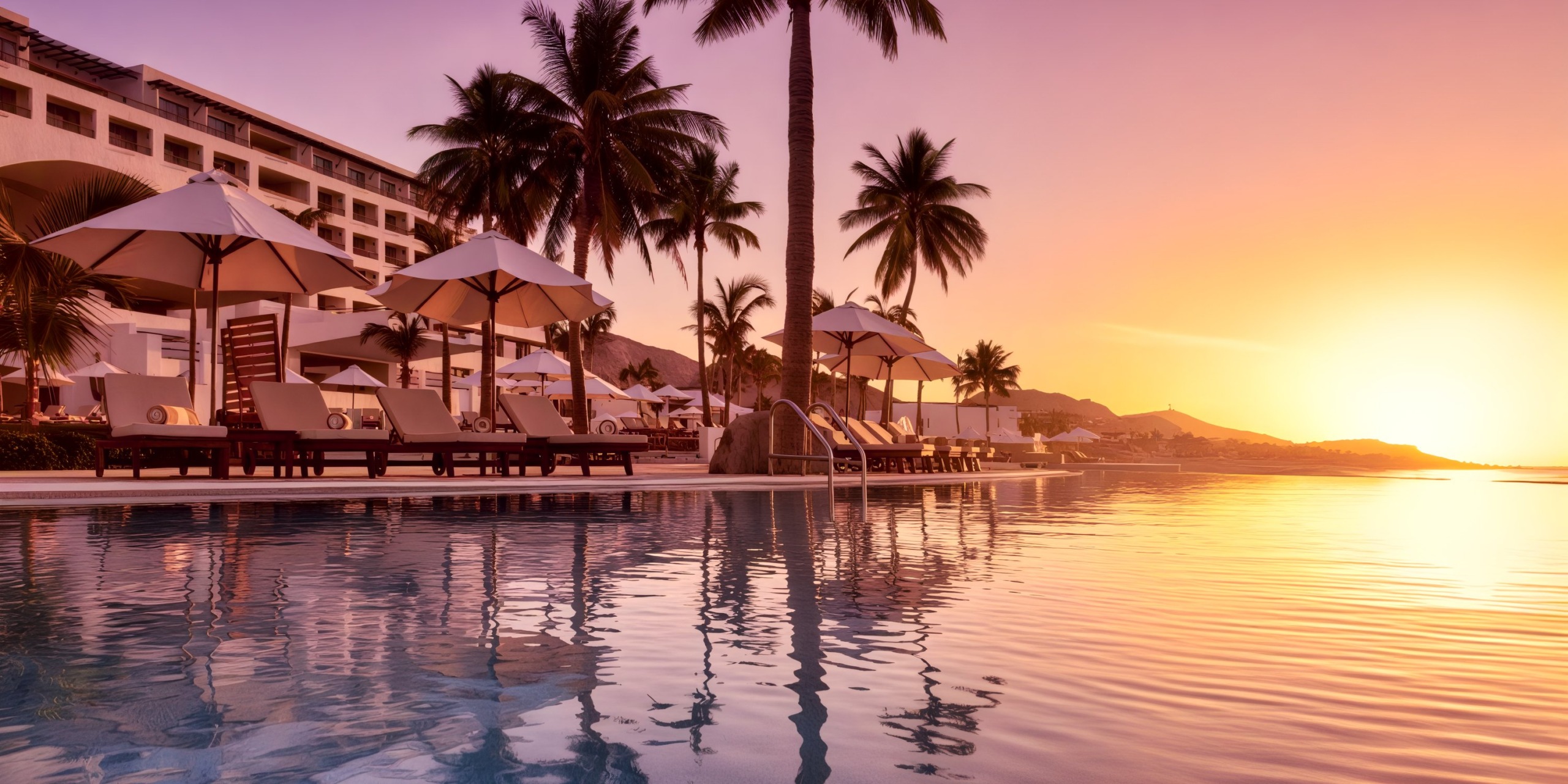 Enjoy the infinity pool at Marquis Los Cabos, a tropical resort featuring palm trees, sun loungers, and parasols, all set against a vibrant sunset sky.