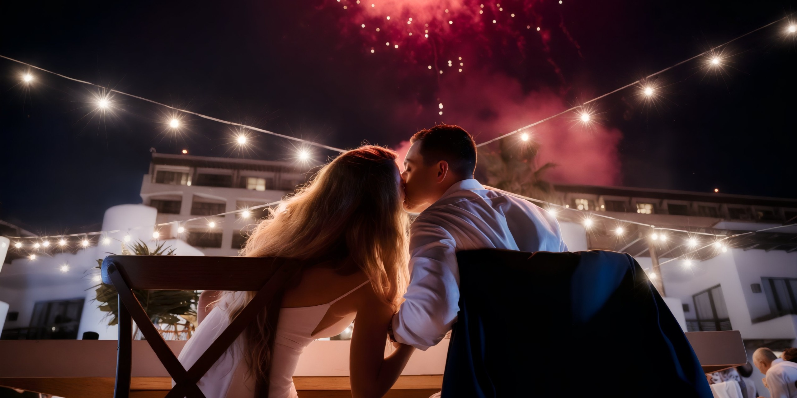 A couple sits at a table at Marquis Los Cabos, gazing at fireworks in the night sky. String lights are overhead, and a building stands in the background.