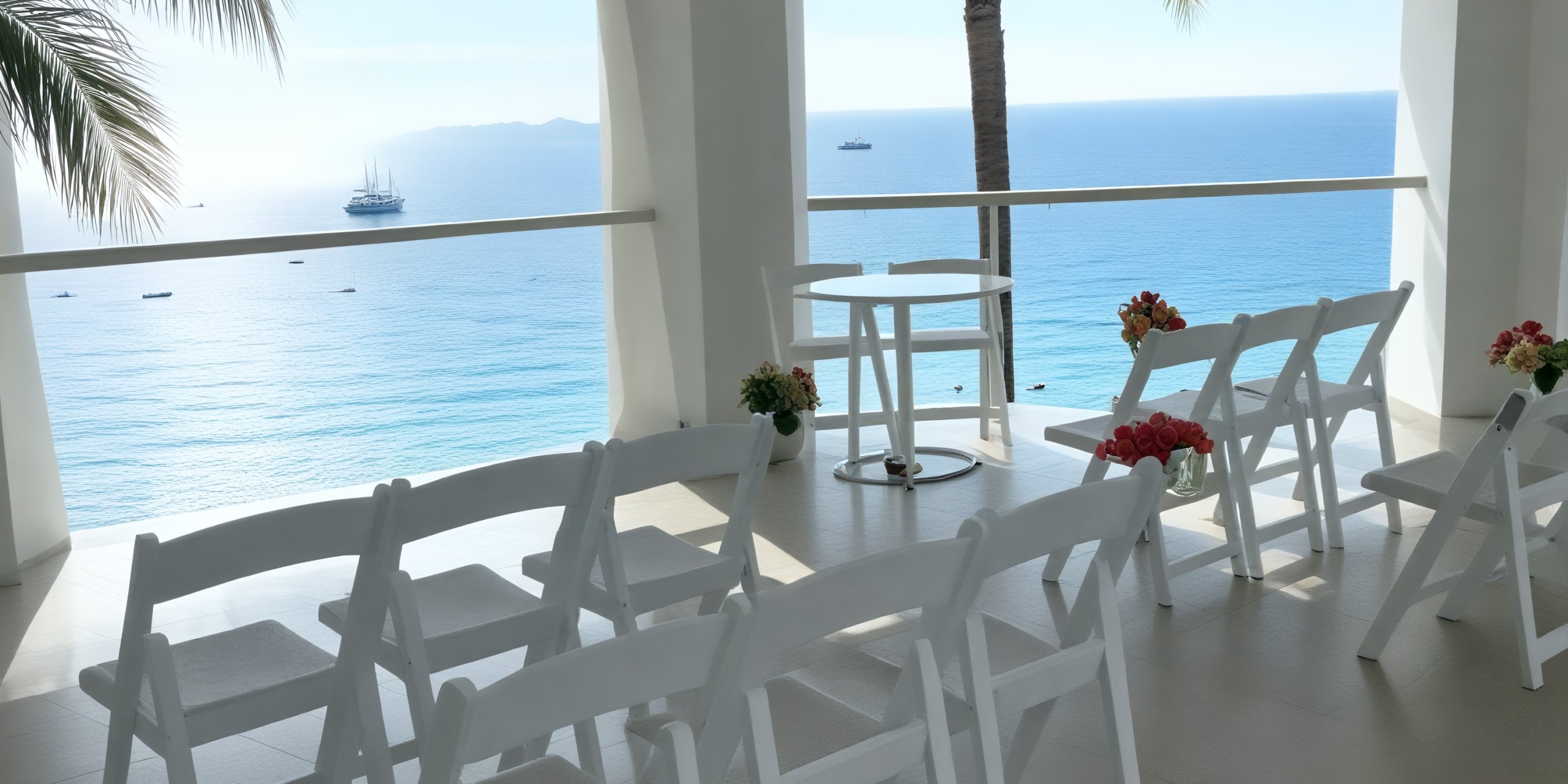 Elegant white chairs and petite tables adorn a balcony, perfect for a destination wedding, offering breathtaking views of the ocean with boats gently floating in the distance.