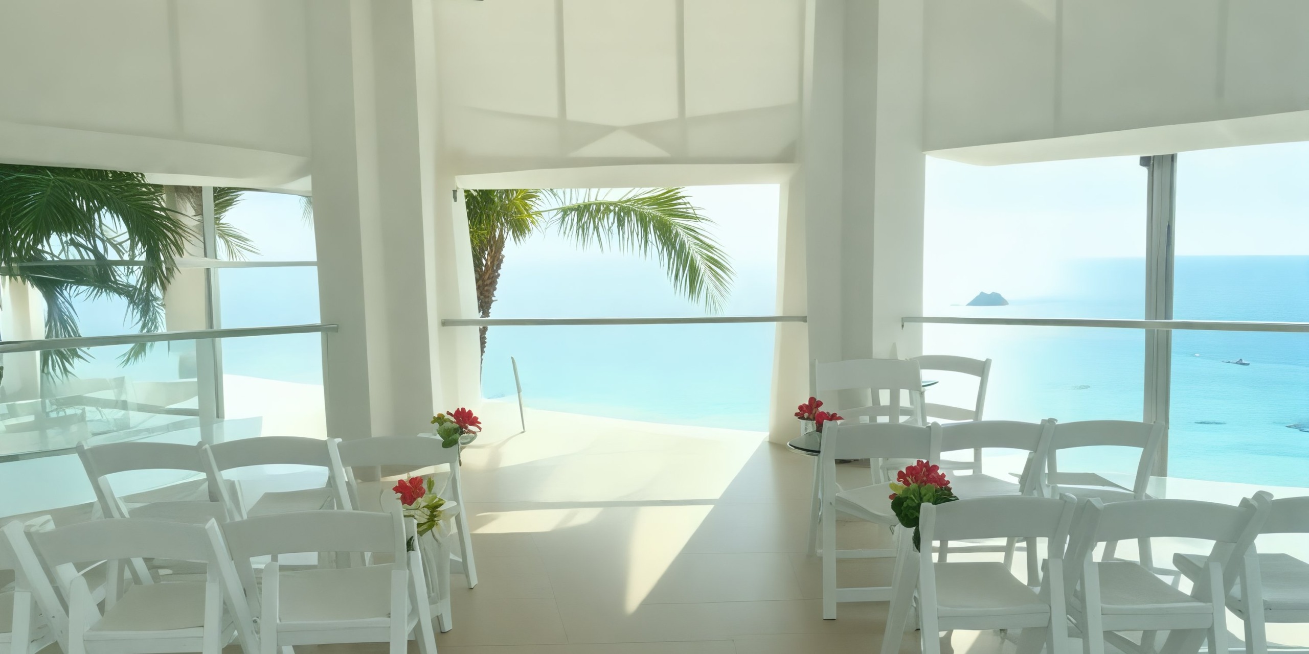 Elegant white chairs adorned with red floral arrangements are perfectly aligned, offering a breathtaking ocean view through expansive windows—a picturesque setting for a destination wedding.