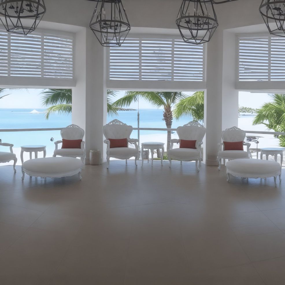 A bright room featuring white chairs and large windows with an ocean view, perfect for a destination wedding.
