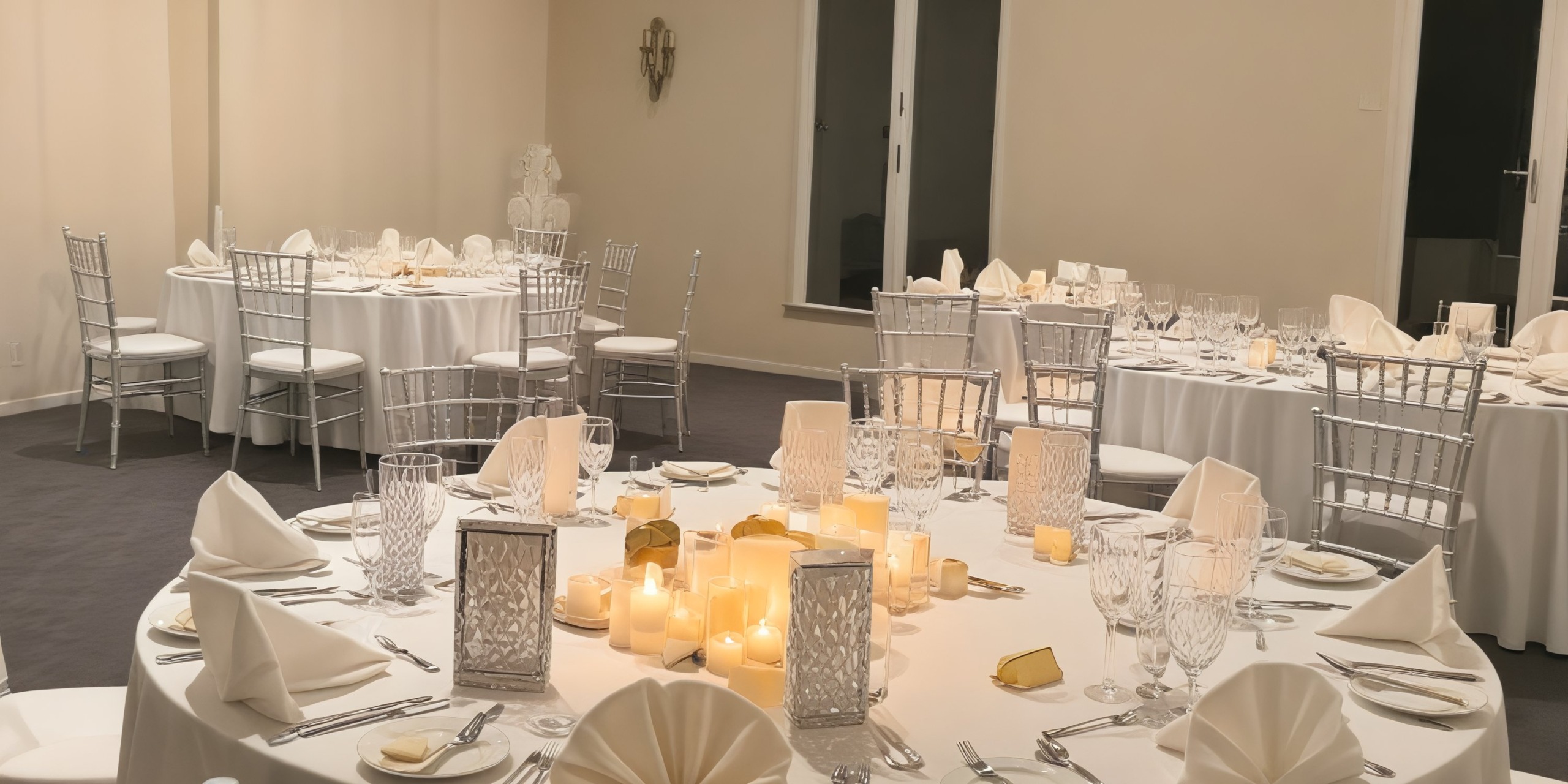 An elegant destination wedding setup features round tables adorned with white linens and candles, creating a romantic ambiance in a softly lit room.