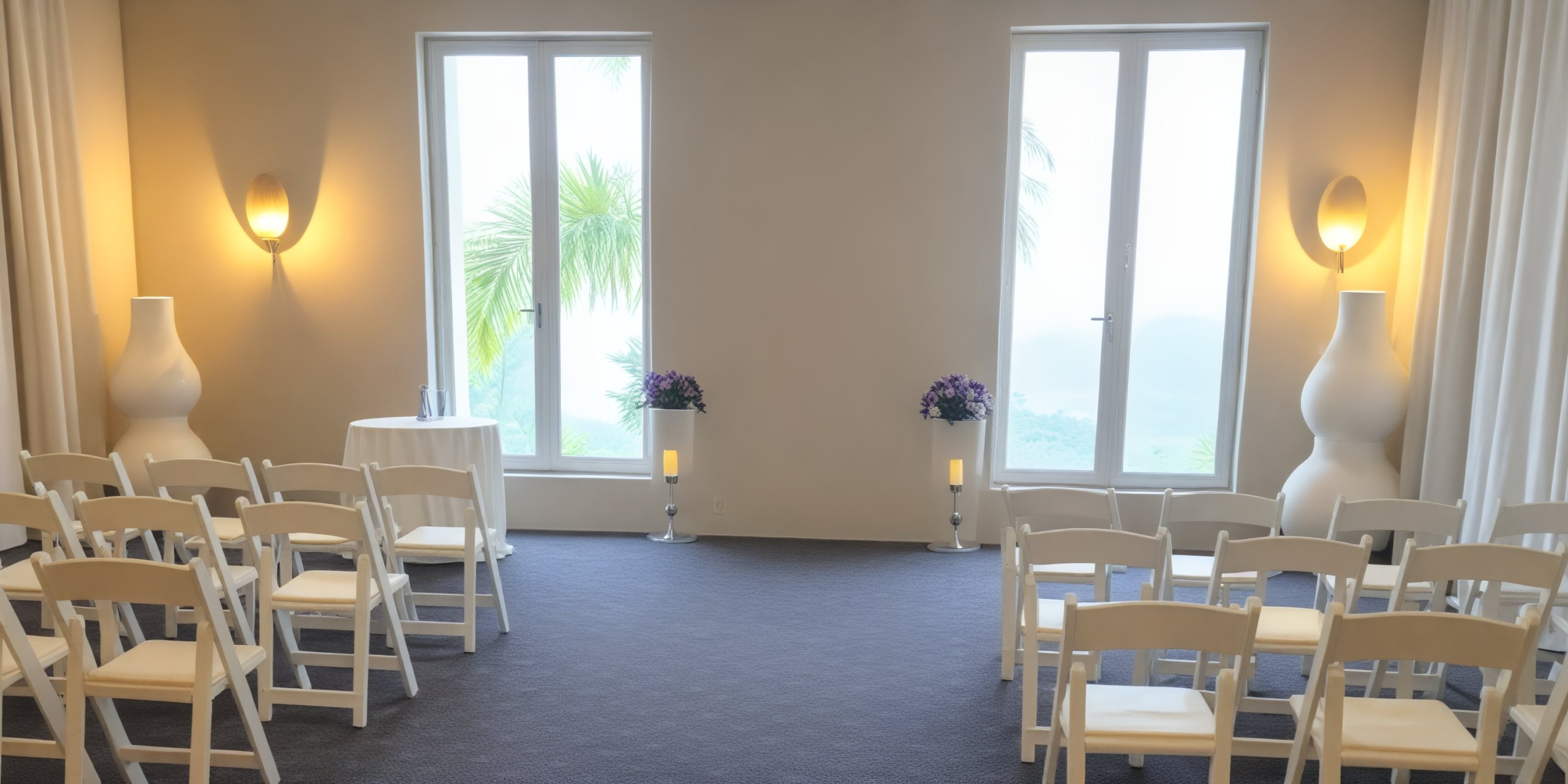 A stunning setup for a destination wedding features an indoor ceremony space adorned with white chairs and elegant flowers, all set against the backdrop of large windows.