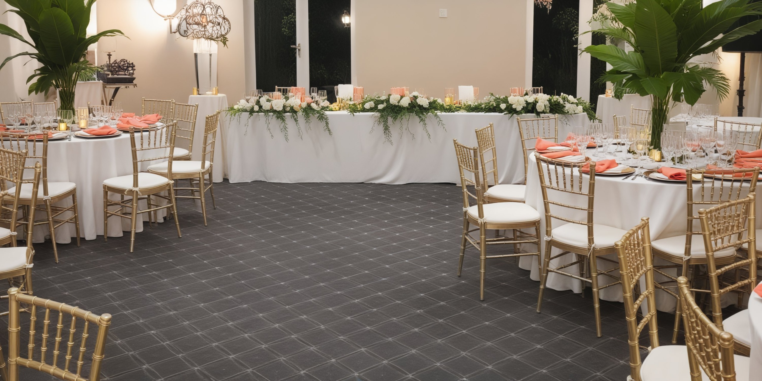 A sophisticated banquet hall designed for a destination wedding, featuring round tables, gold chairs, and an elongated table adorned with exquisite floral decor.
