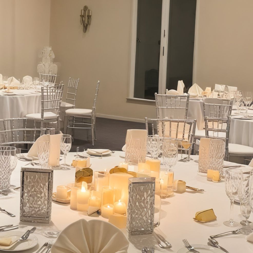 An elegant wedding table setting featuring white linens, flickering candles, and sparkling glassware graces the banquet hall.