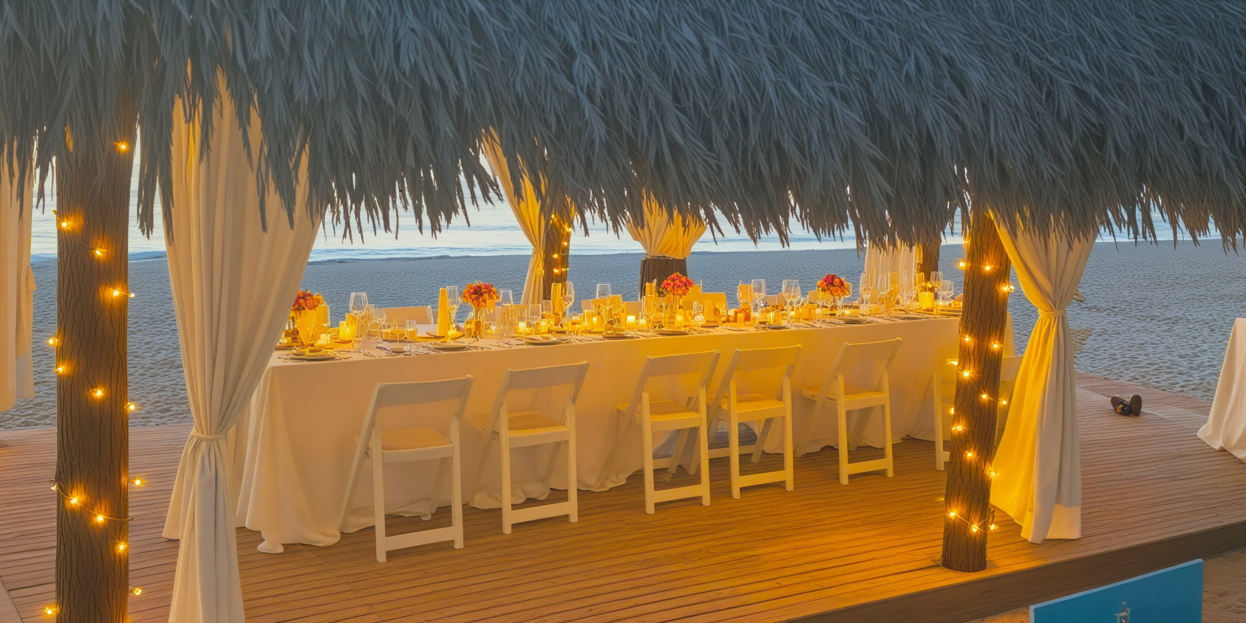 A destination wedding reception arranged with beachfront dining under a thatched roof, adorned with lit candles and floral decorations.