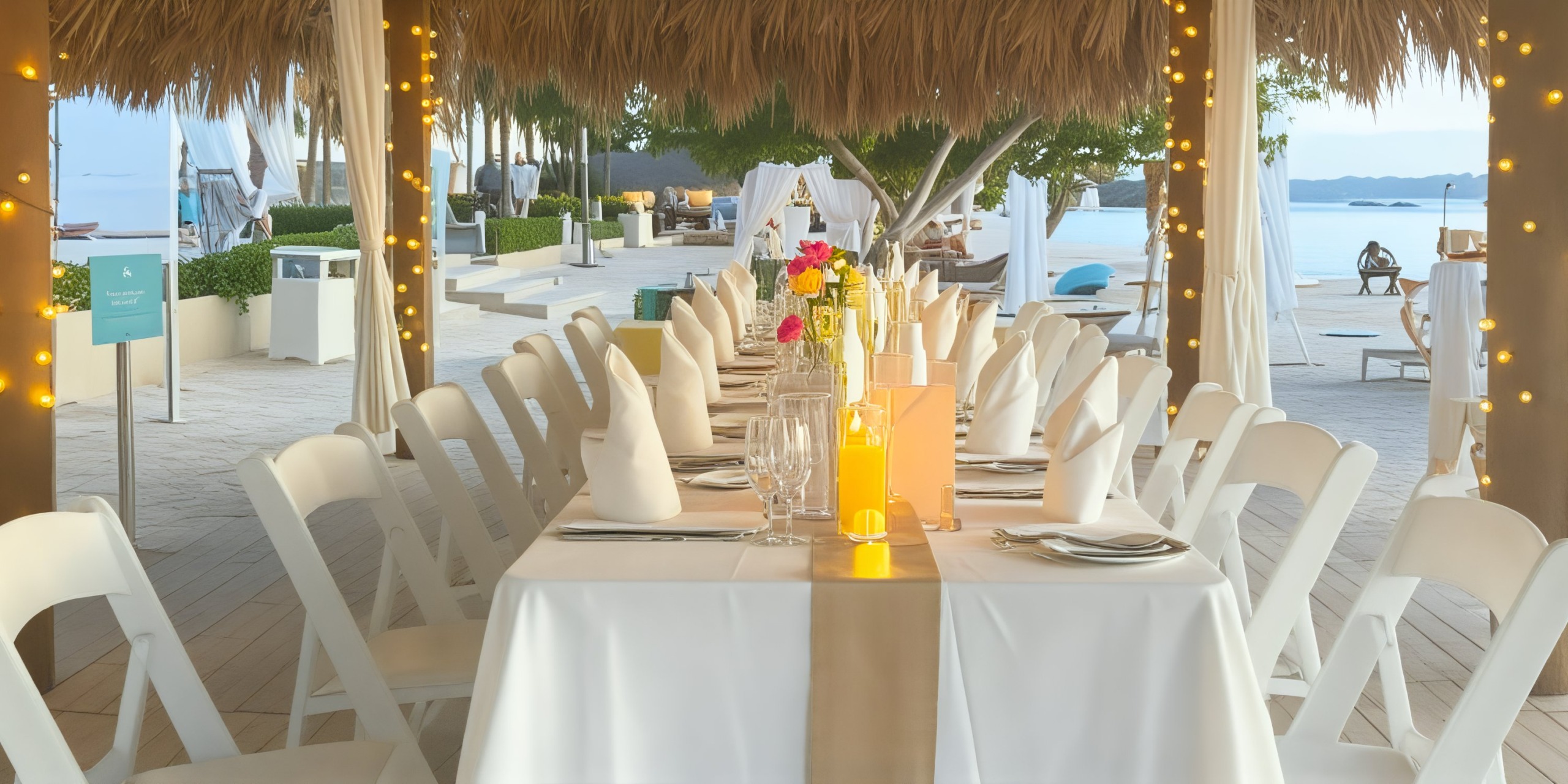 A stunning destination wedding setup features elegant outdoor dining with white tables and chairs, enhanced by ambient lighting by the seaside.