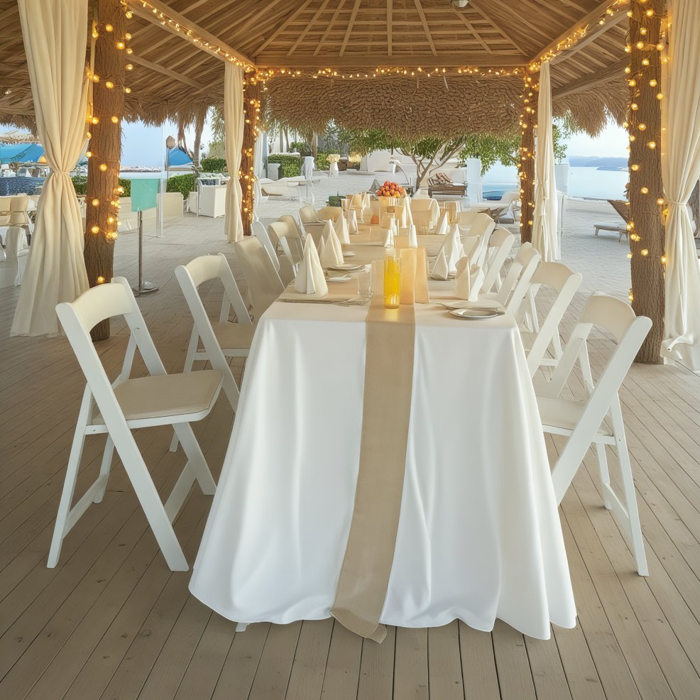 A long table arranged under a gazebo, elegantly set for a wedding with pristine white chairs and ambient lighting, perfect for a destination wedding celebration.