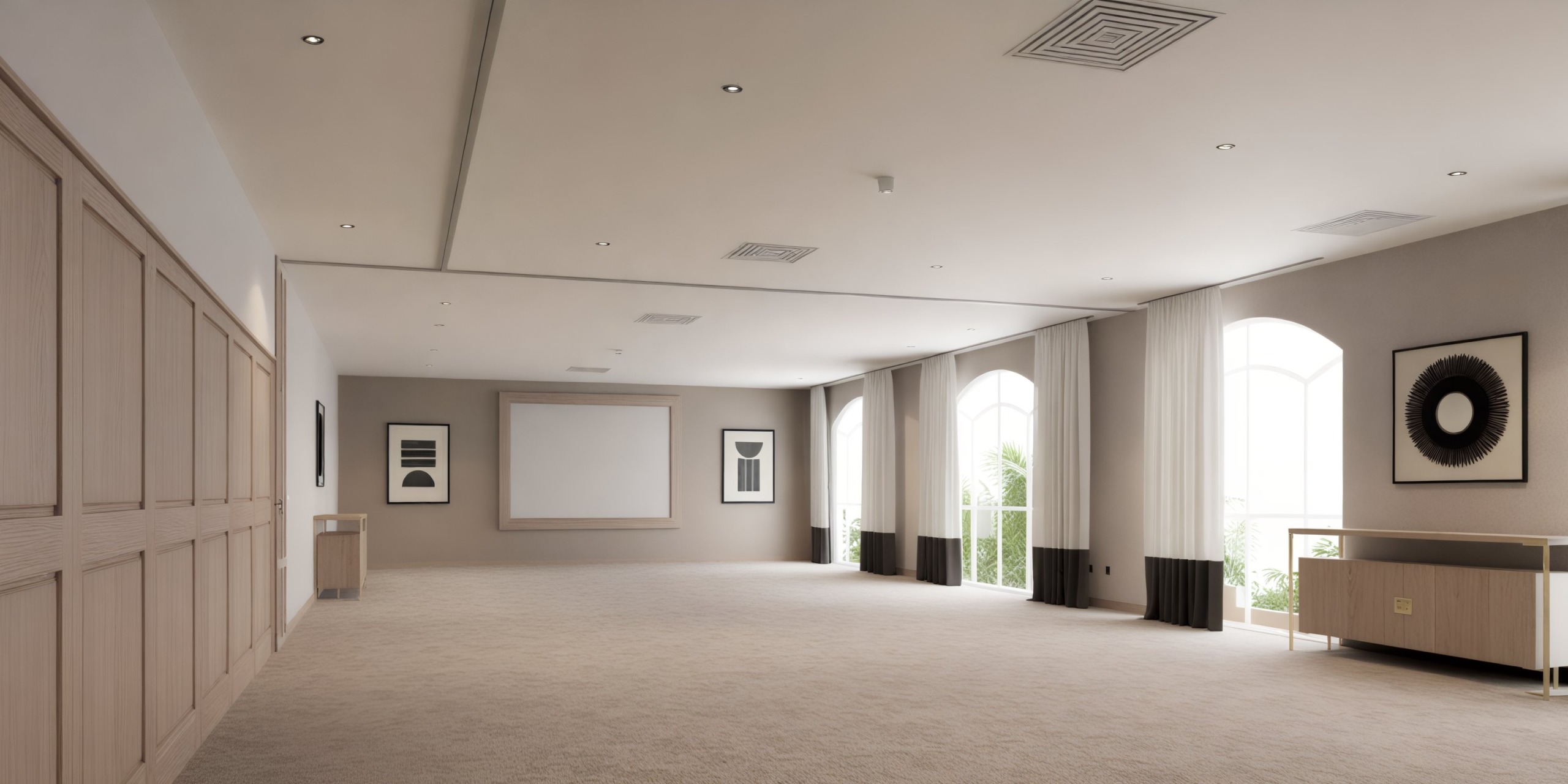 A spacious empty room, perfect for a destination wedding, features framed artwork, large windows, and elegant wall paneling.