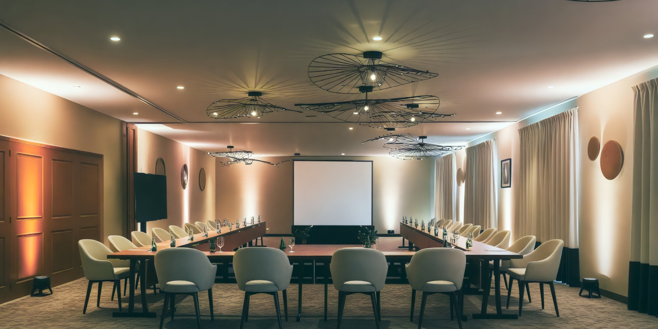 Spacious conference room featuring a U-shaped table and chairs oriented towards a screen, perfect for planning your destination wedding.