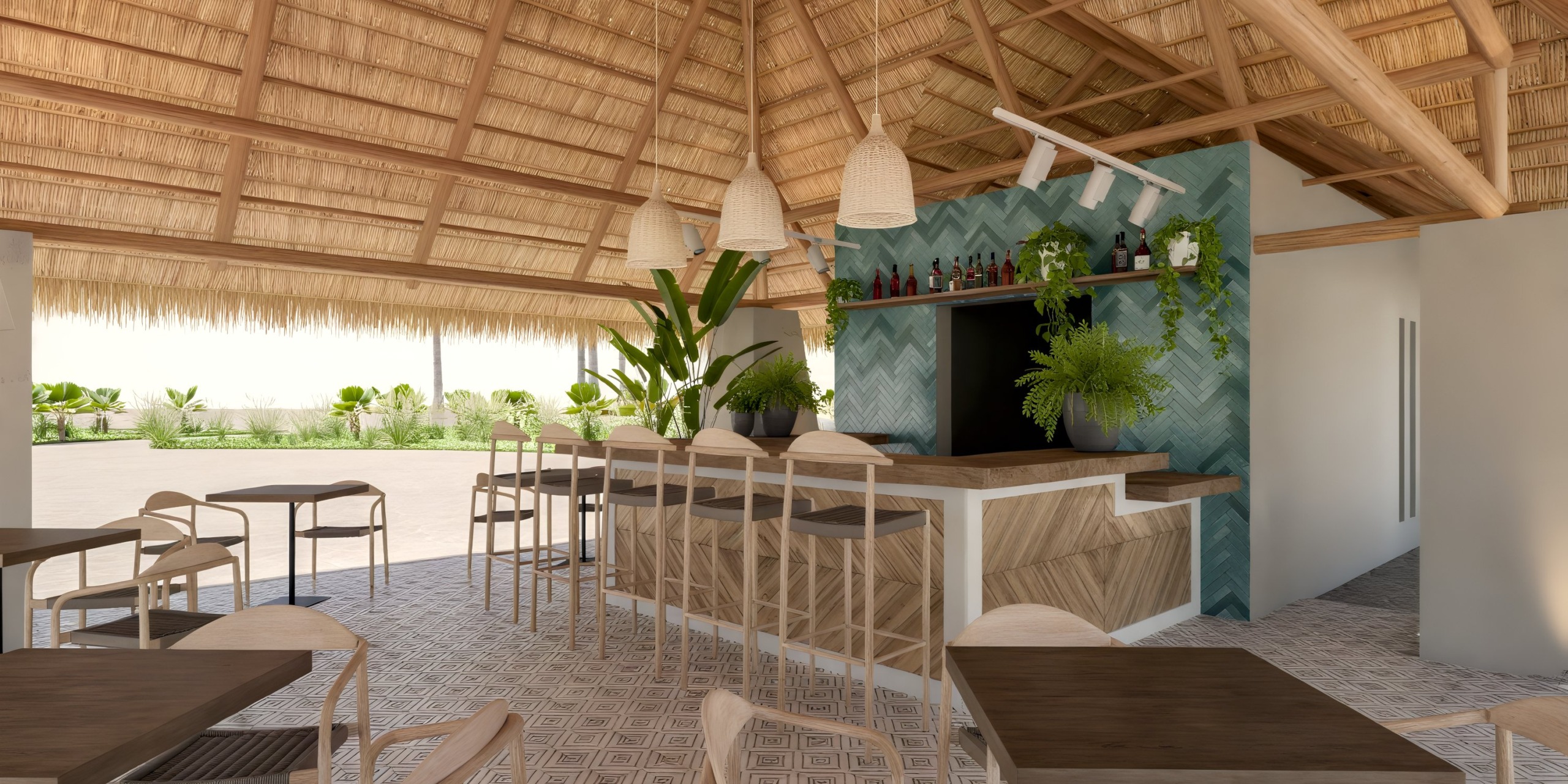 Dreams Playa Esmeralda offers a charming open-air bar featuring wooden stools and a thatched roof, perfect for those seeking a picturesque setting for their destination wedding.