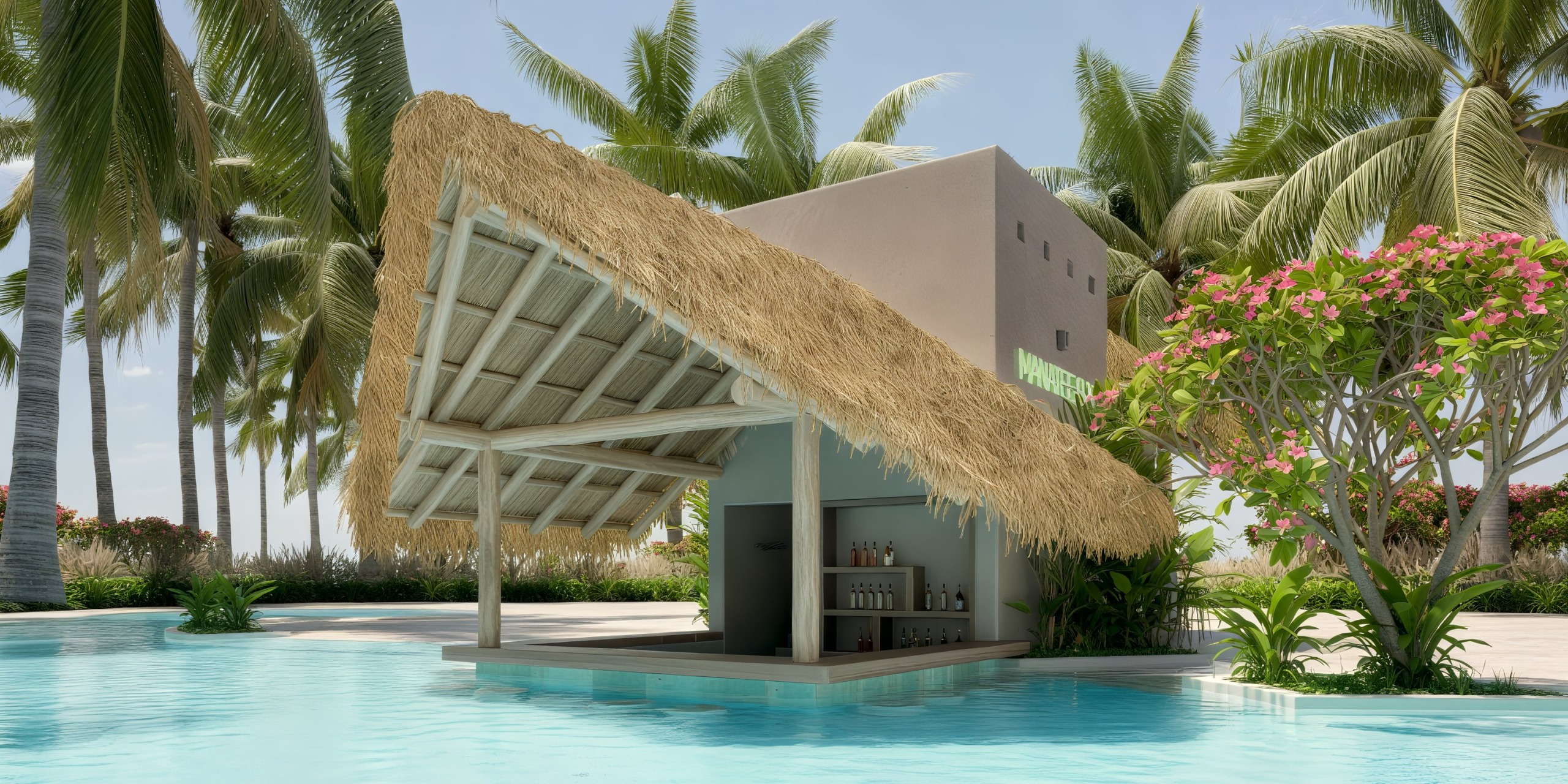 Dreams Playa Esmeralda: A picturesque thatched-roof poolside bar surrounded by palms and flowers, ideal for a destination wedding.