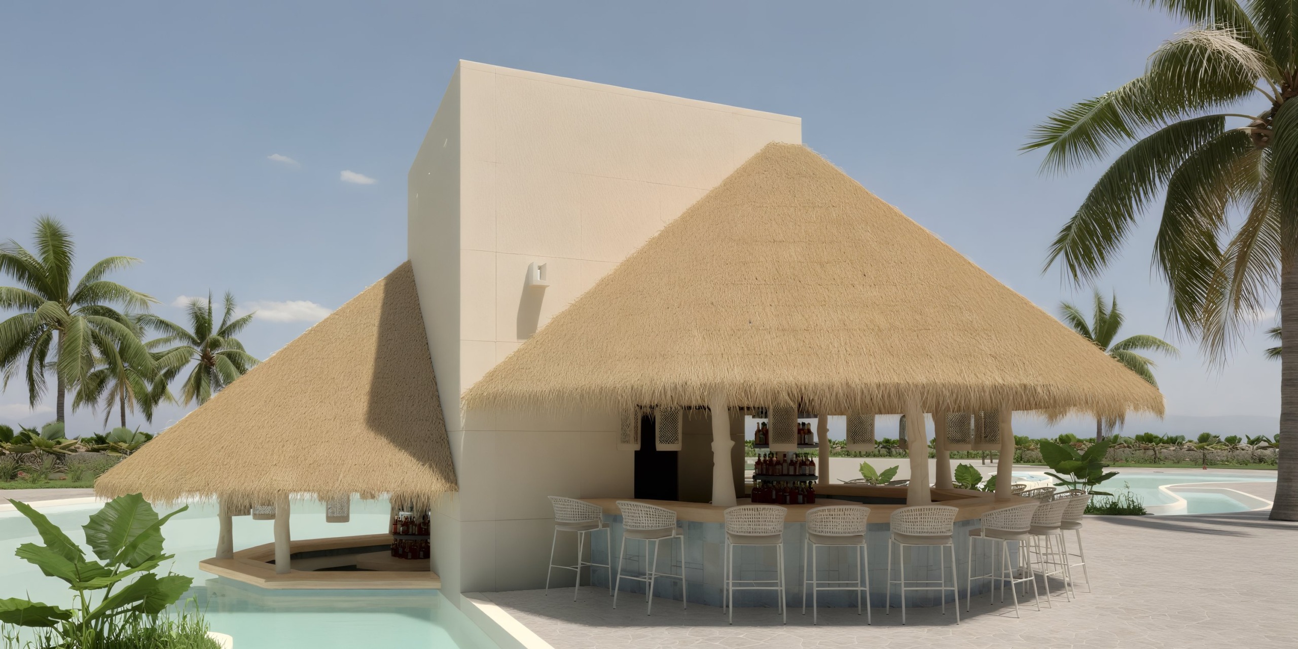 Dreams Playa Esmeralda is perfect for a destination wedding, featuring an outdoor bar with a thatched roof and inviting stools nestled among swaying palm trees under a clear sky.