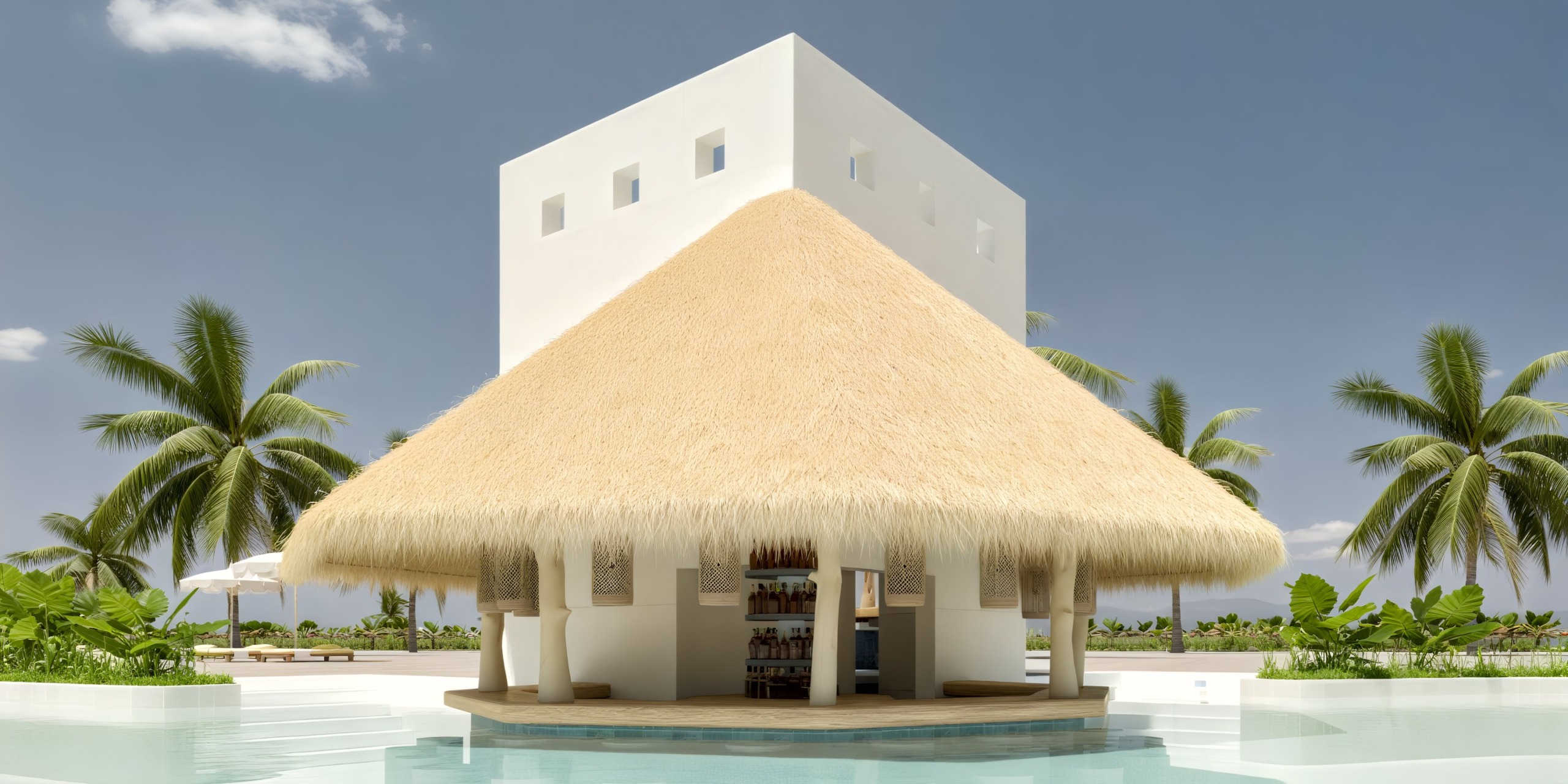 The tropical, thatched-roof bar at Dreams Playa Esmeralda offers an idyllic setting over the water, surrounded by swaying palm trees and a clear, expansive sky—perfect for a dream destination wedding.