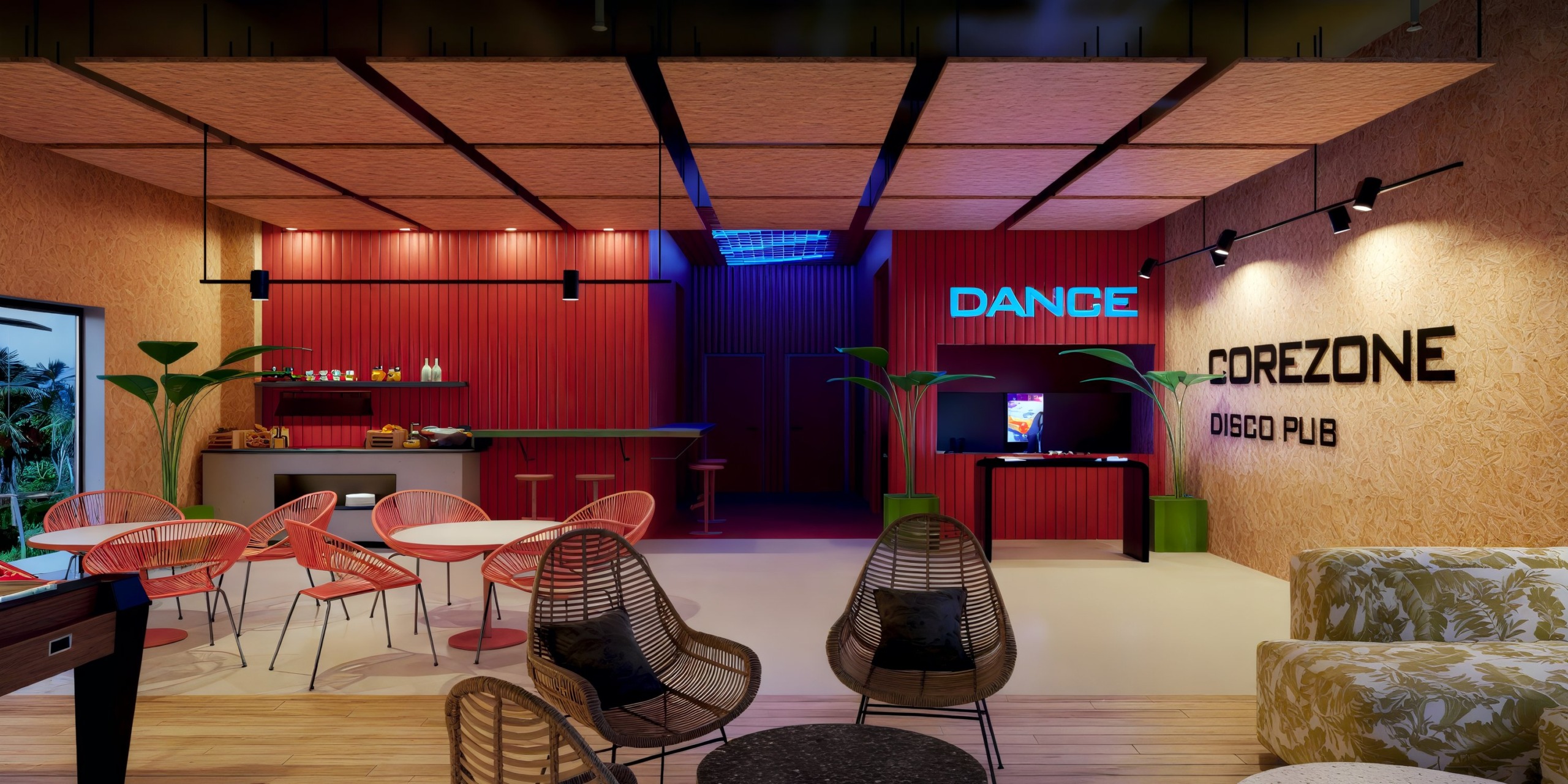Dreams Playa Esmeralda: A chic disco pub featuring red and wood accents, complete with a bar, seating area, and a vibrant "Dance" sign—perfect for a lively destination wedding celebration.