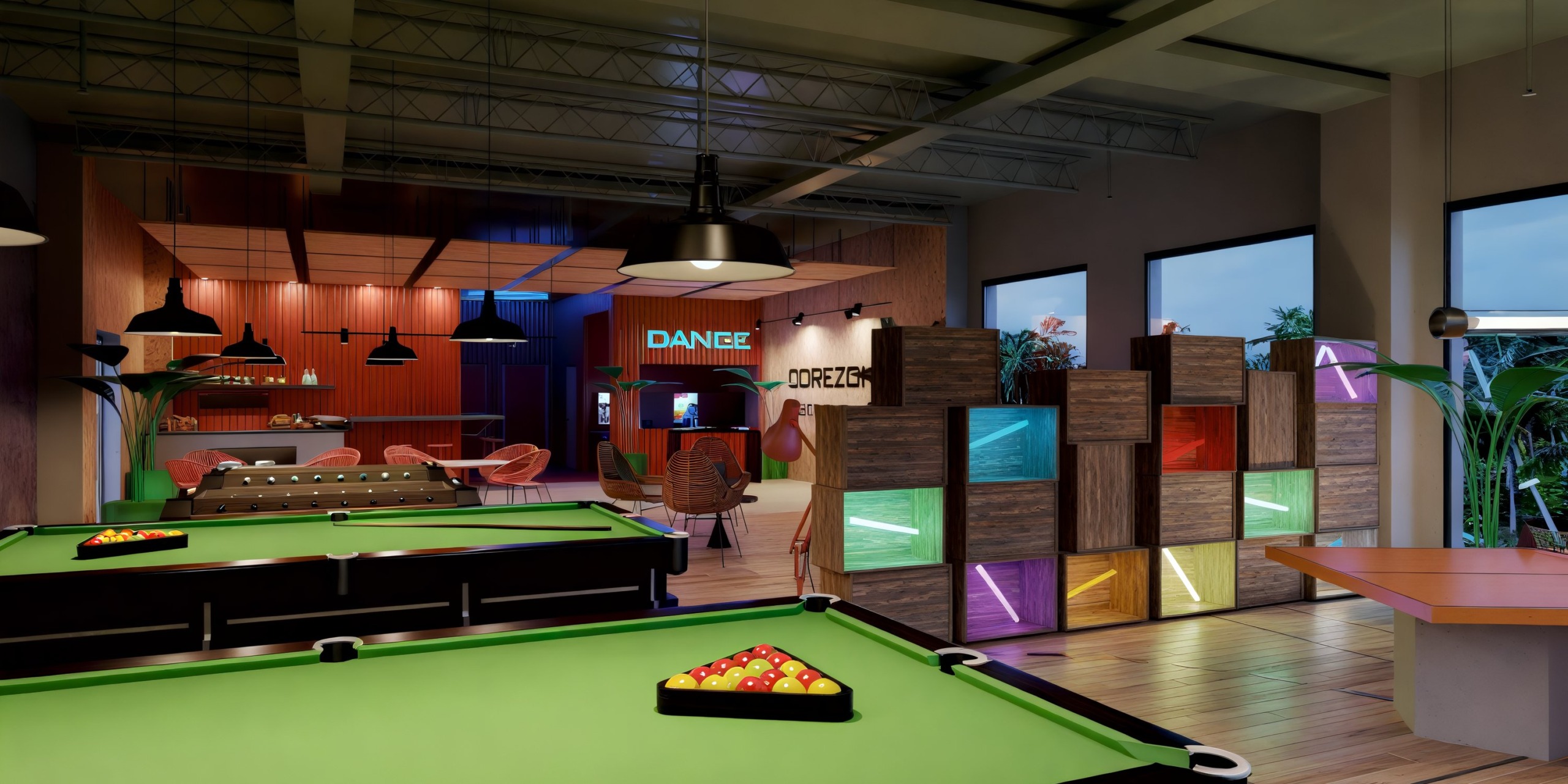 Dreams Playa Esmeralda: A modern lounge featuring vibrant decor and pool tables, perfect for a lively destination wedding celebration.