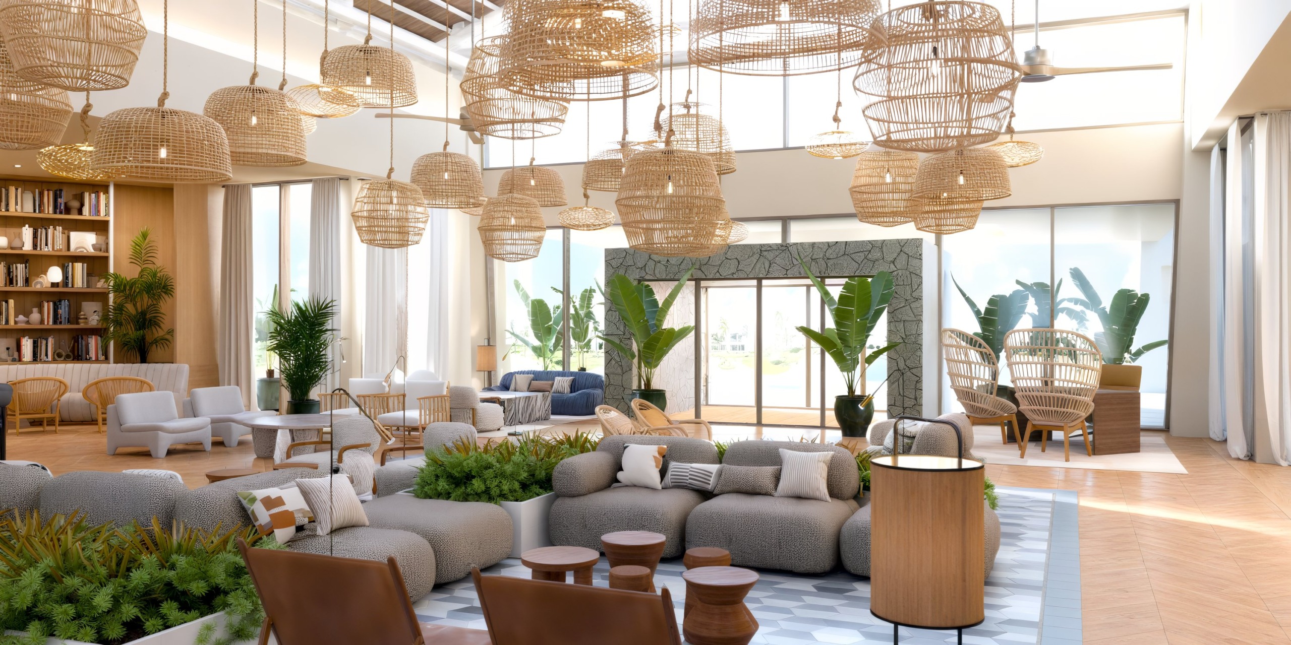 Dreams Playa Esmeralda provides the perfect setting for a destination wedding, featuring a lounge adorned with wicker lamps, modern furniture, and large windows that create an inviting and elegant atmosphere.