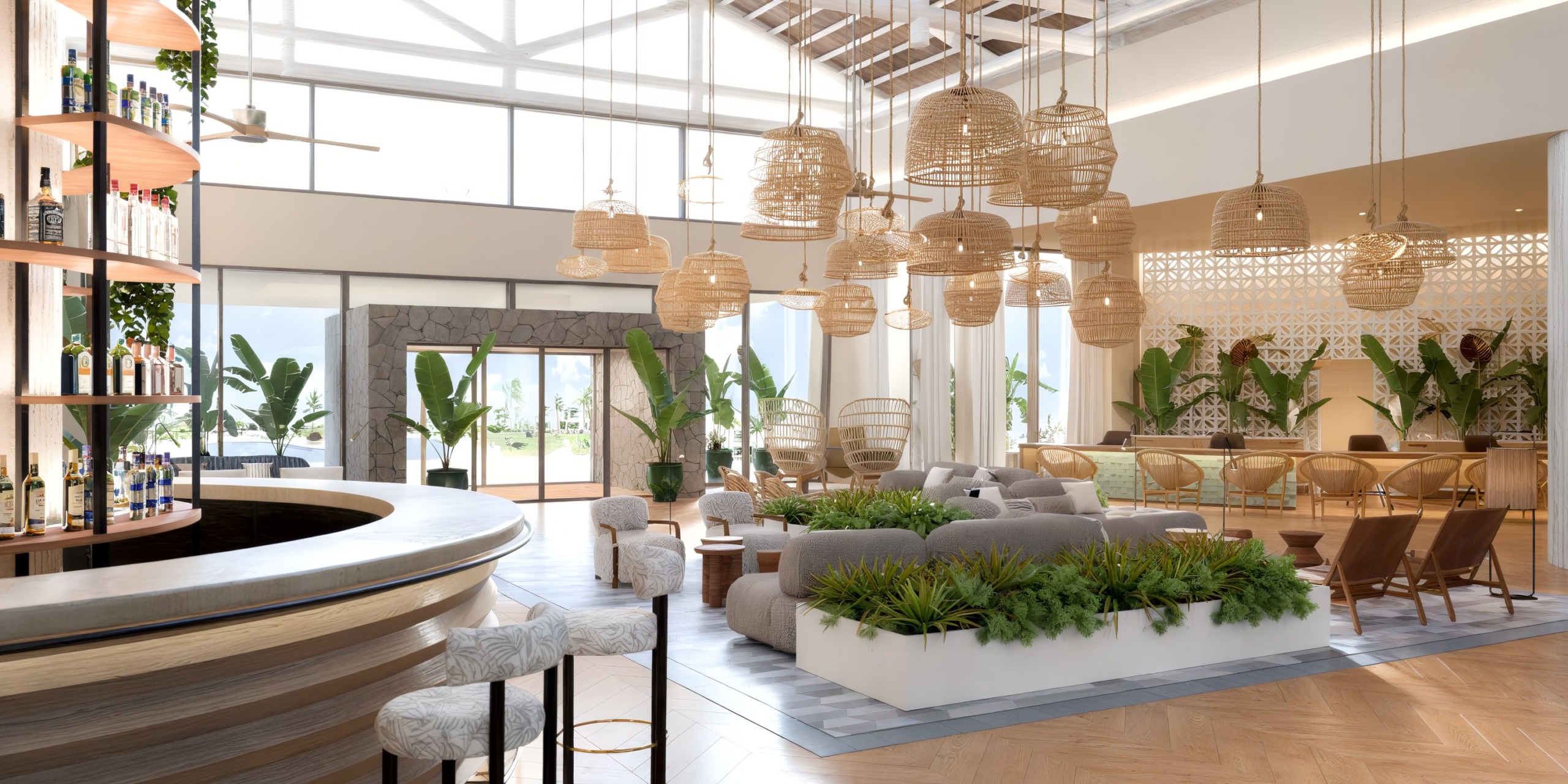Dreams Playa Esmeralda: A chic modern lounge ideal for your destination wedding, featuring wicker lighting, a stylish bar, lush greenery, and an abundance of natural light.
