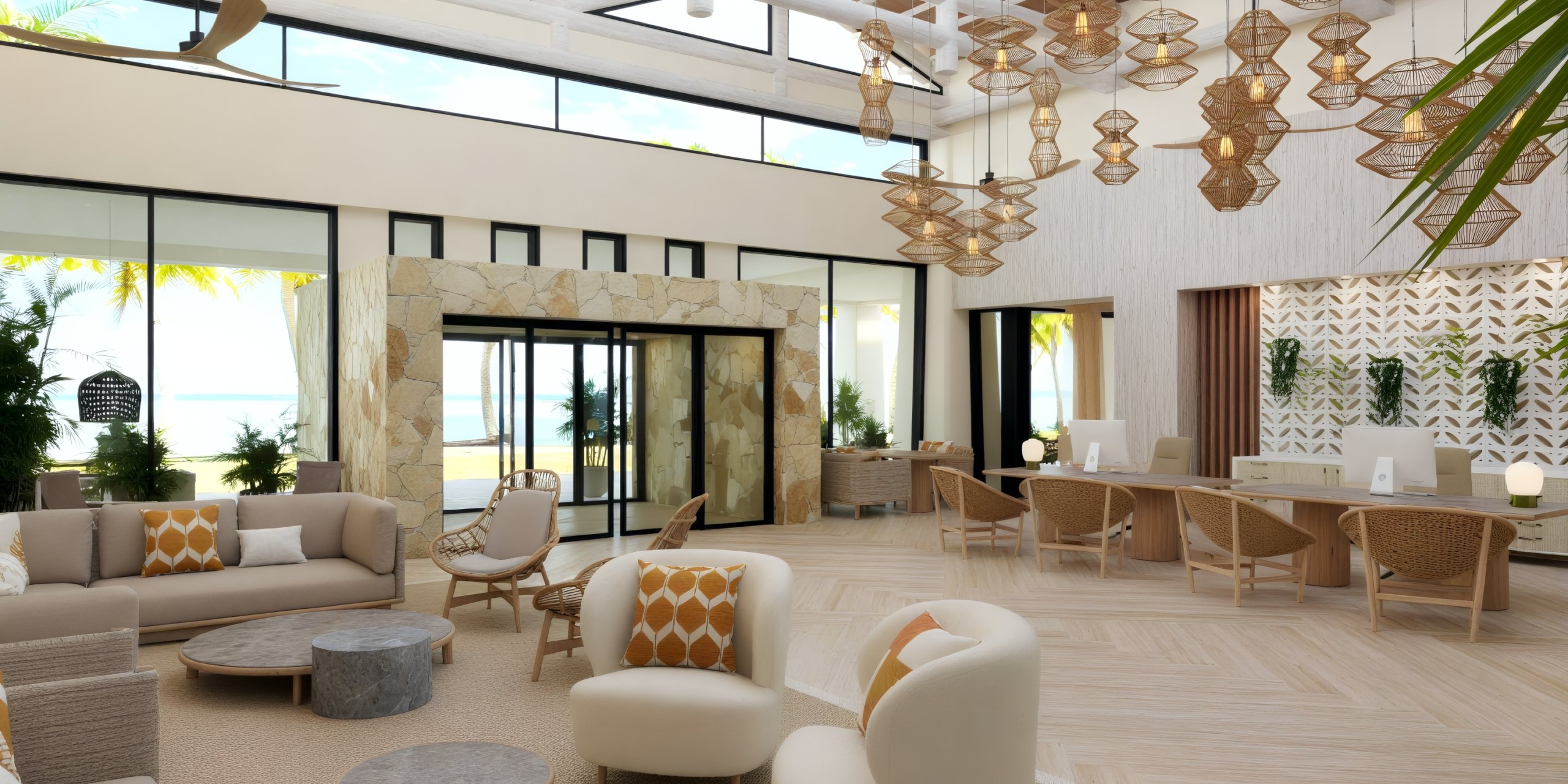 The lobby at Dreams Playa Esmeralda is an ideal spot for a destination wedding. With its elegant seating arrangements, beautifully designed decor lights, and stunning beach views through large windows, it creates the perfect ambiance for a memorable celebration.