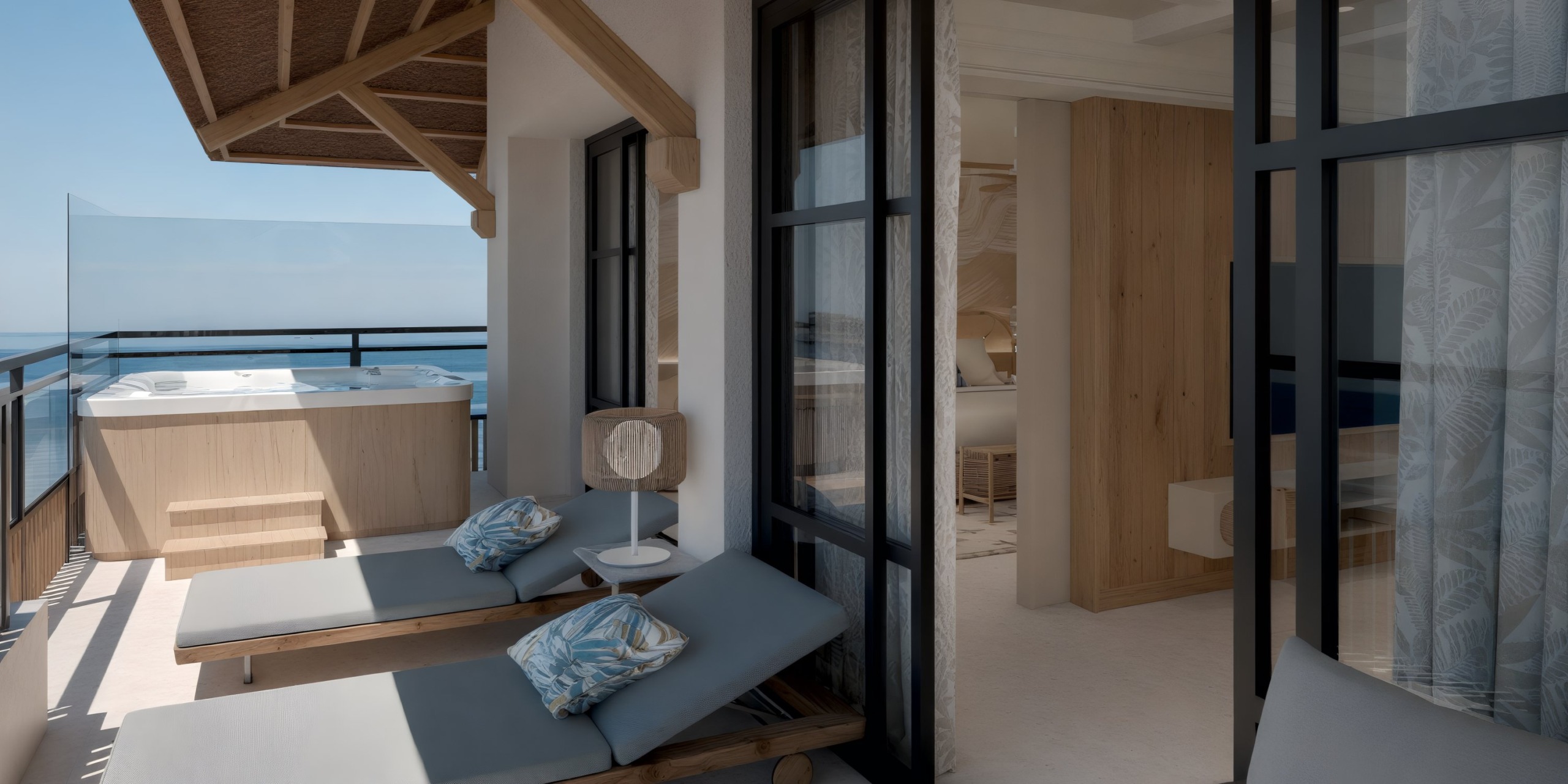 At Dreams Playa Esmeralda, the ideal destination wedding venue, you'll enjoy a balcony complete with loungers and pillows, a relaxing hot tub, and a stunning ocean view right at your room's entrance.