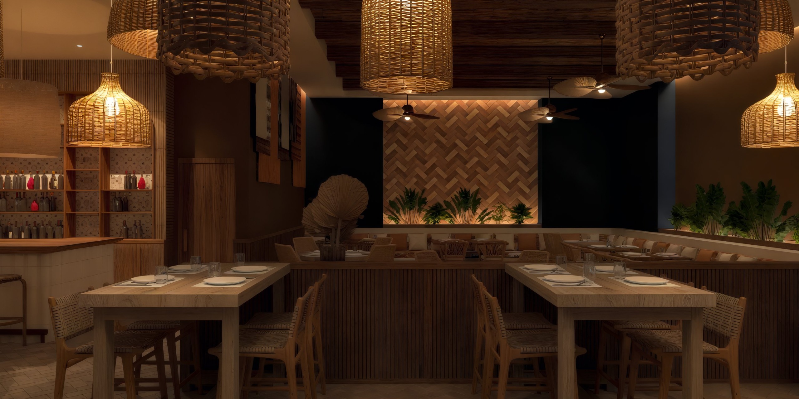 Dreams Playa Esmeralda: The ideal destination wedding venue featuring a cozy interior adorned with wooden tables and elegant woven pendant lights.