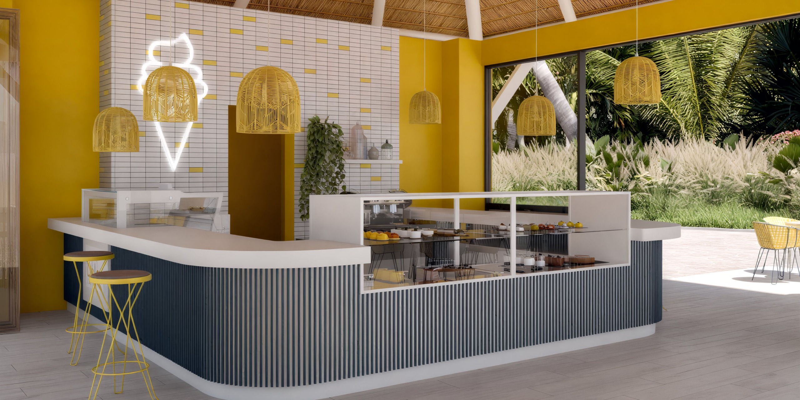 Dreams Playa Esmeralda: a delightful ice cream shop featuring a display case, yellow stools, and a neon sign, offers the perfect sweet spot for celebrating your destination wedding.