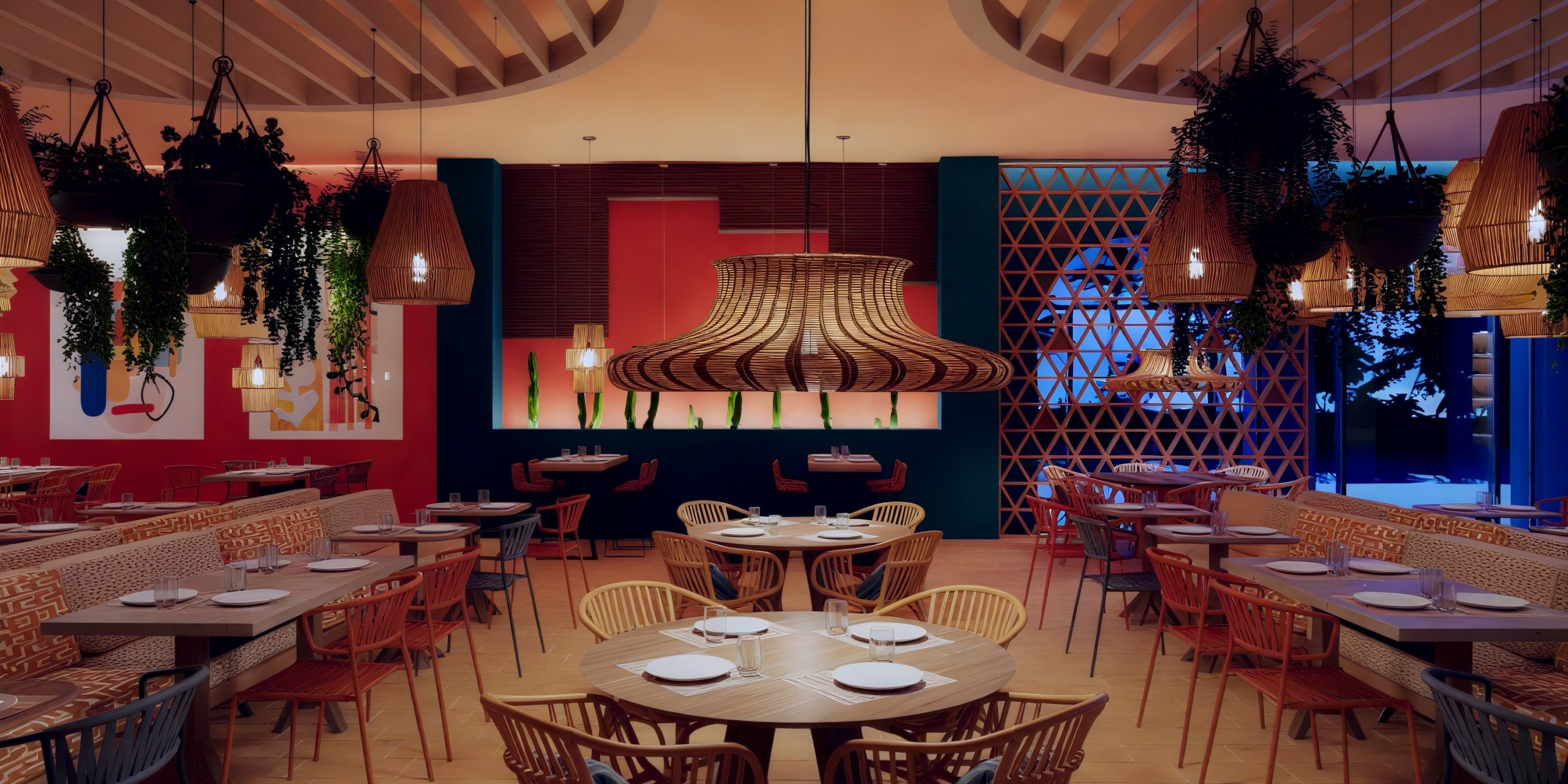 Vibrant Dreams Playa Esmeralda, adorned with woven light fixtures and colorful decor, is the perfect setting for a destination wedding.