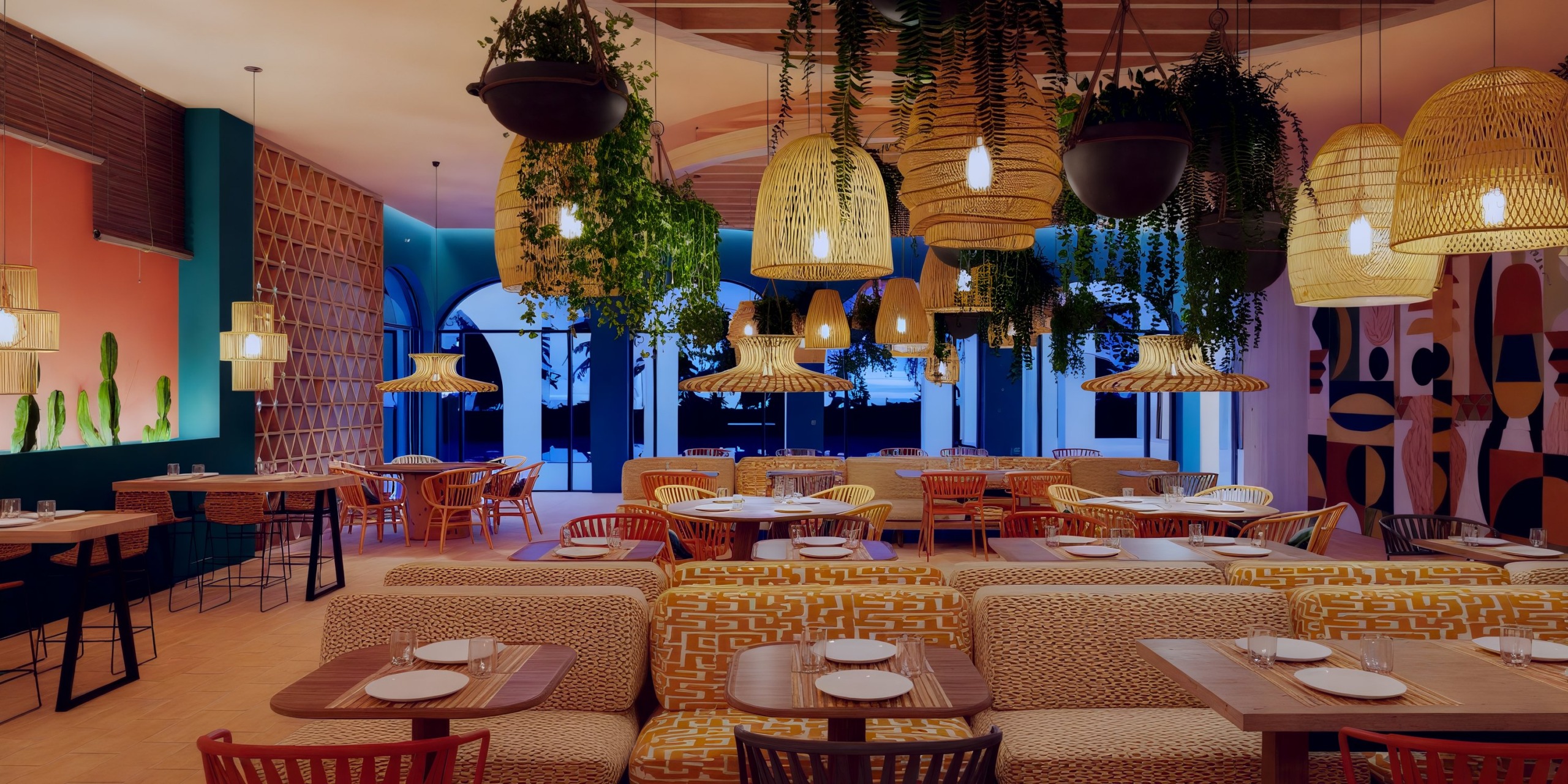 Vibrant Dreams Playa Esmeralda, adorned with woven lamps and hanging plants, creates the perfect setting for a destination wedding.