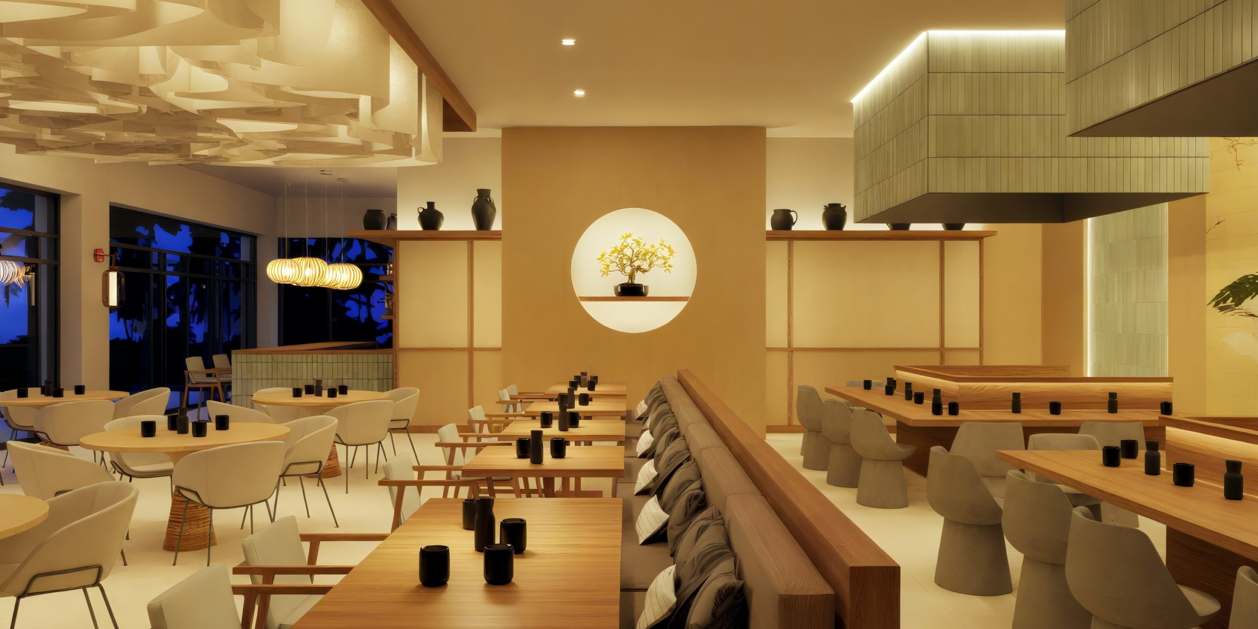 Cozy Dreams Playa Esmeralda boasts an inviting interior perfect for a destination wedding, featuring wooden tables and chairs complemented by soft lighting.