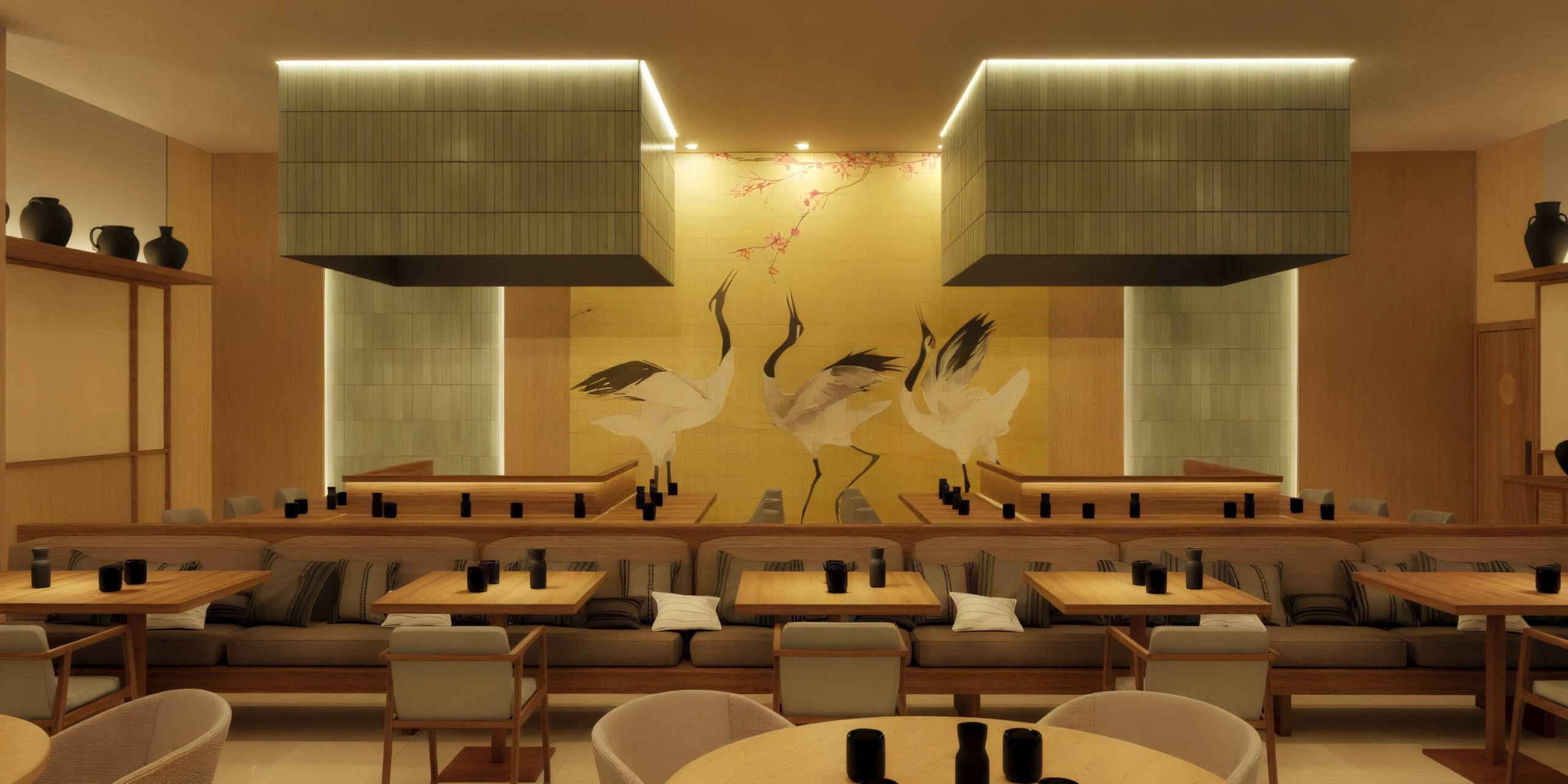 Dreams Playa Esmeralda provides a stunning setting for a destination wedding with its modern interior, featuring a striking crane mural and elegant wooden furniture.