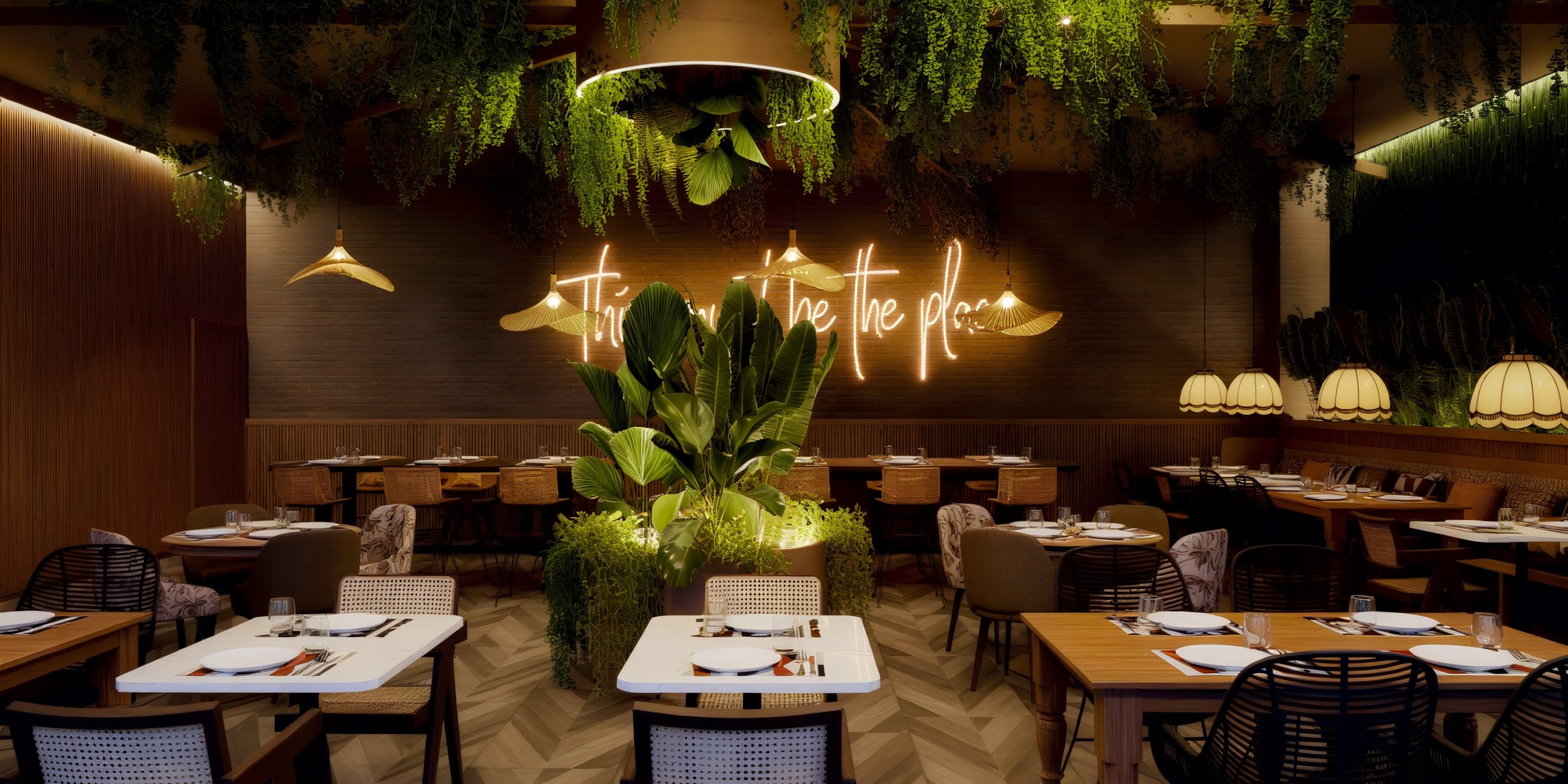 Discover the enchanting modern restaurant at Dreams Playa Esmeralda, featuring lush greenery, warm lighting, and a vibrant neon sign—an ideal setting for an unforgettable destination wedding.
