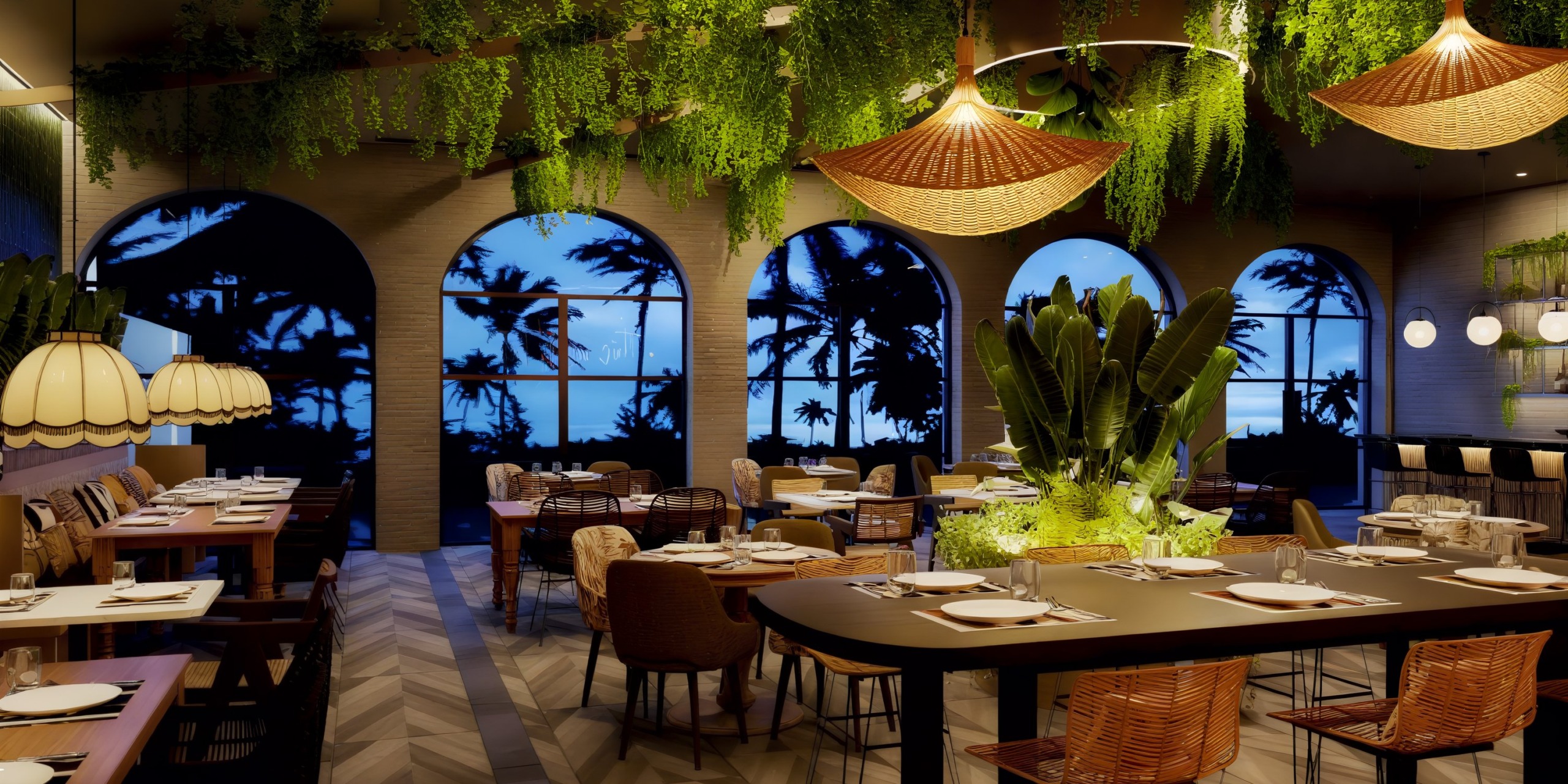 Dreams Playa Esmeralda offers a chic interior adorned with lush plants, elegant wicker lighting, and tables beautifully set for dinner, making it an ideal destination wedding venue.
