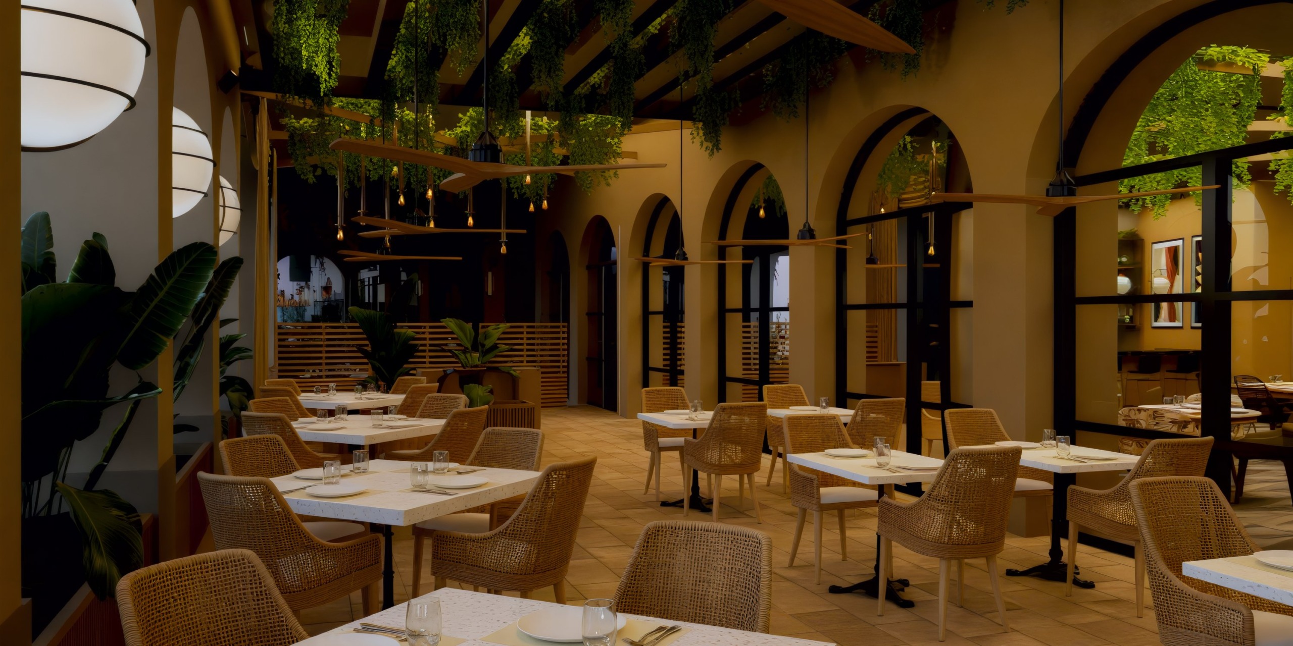 Dreams Playa Esmeralda offers an enchanting setting for a destination wedding with its outdoor seating area, featuring wicker chairs and tables nestled under lush greenery.