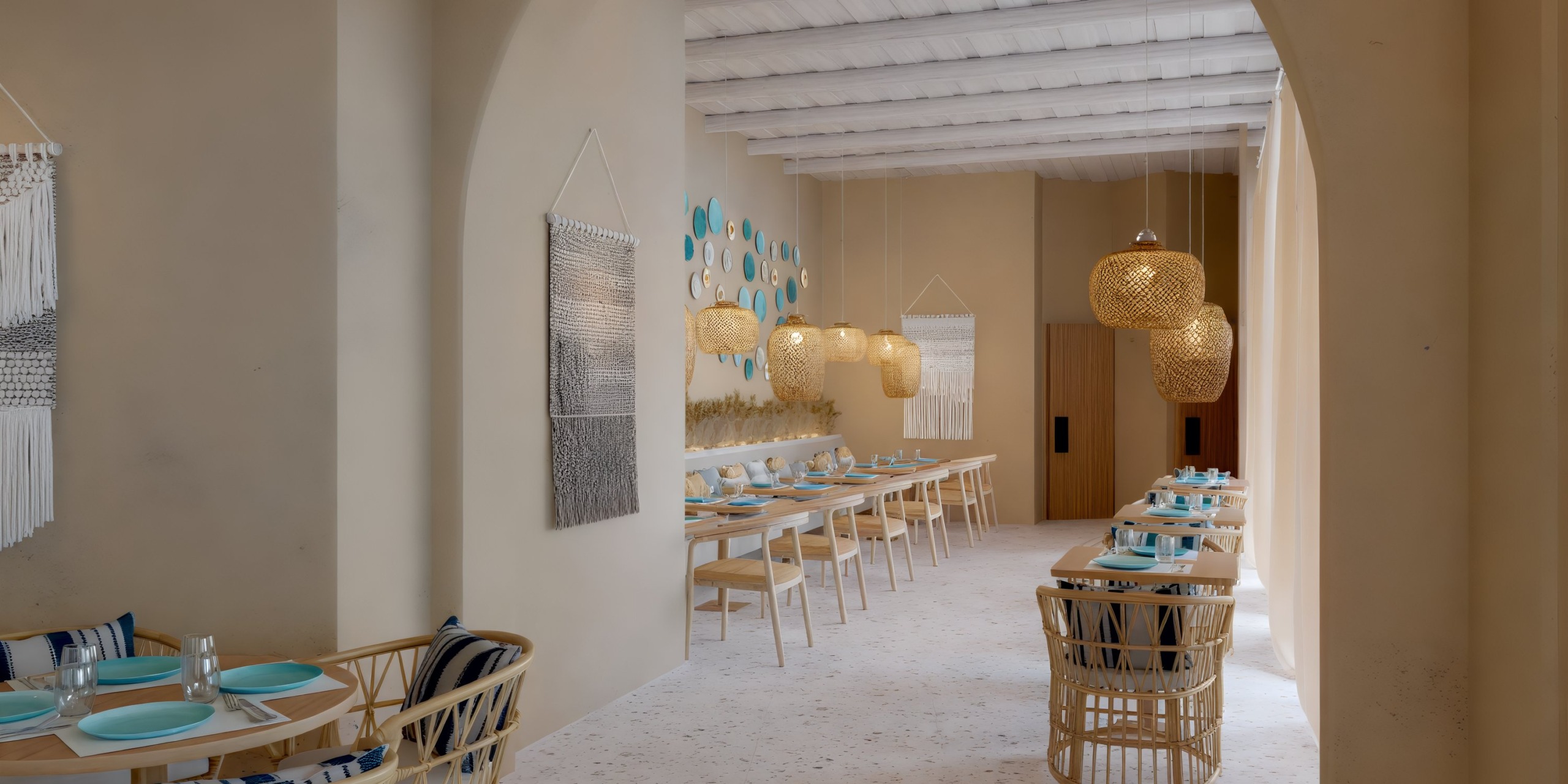 Dreams Playa Esmeralda provides a cozy setting perfect for a destination wedding, featuring wooden tables, chairs, and charming woven lights.