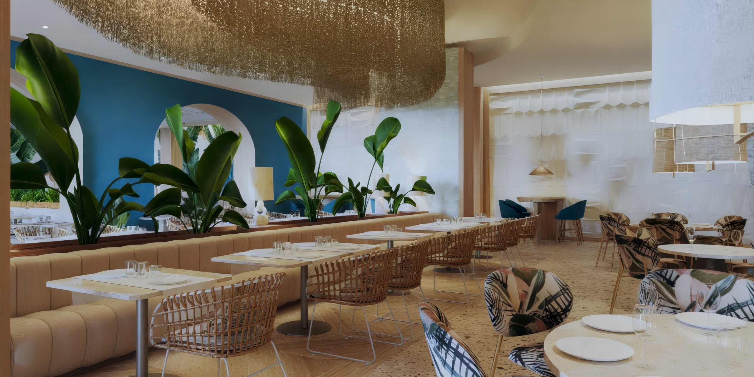 Dreams Playa Esmeralda, adorned with woven chairs and tables amidst lush green plants, offers a picturesque setting perfect for a destination wedding.