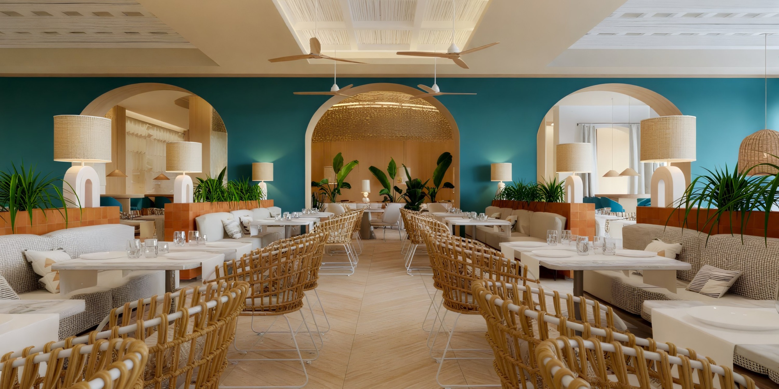 Dreams Playa Esmeralda offers a picturesque setting for a destination wedding, with its enchanting ambiance featuring wicker chairs, teal walls, lush plants, and elegant ceiling fans.