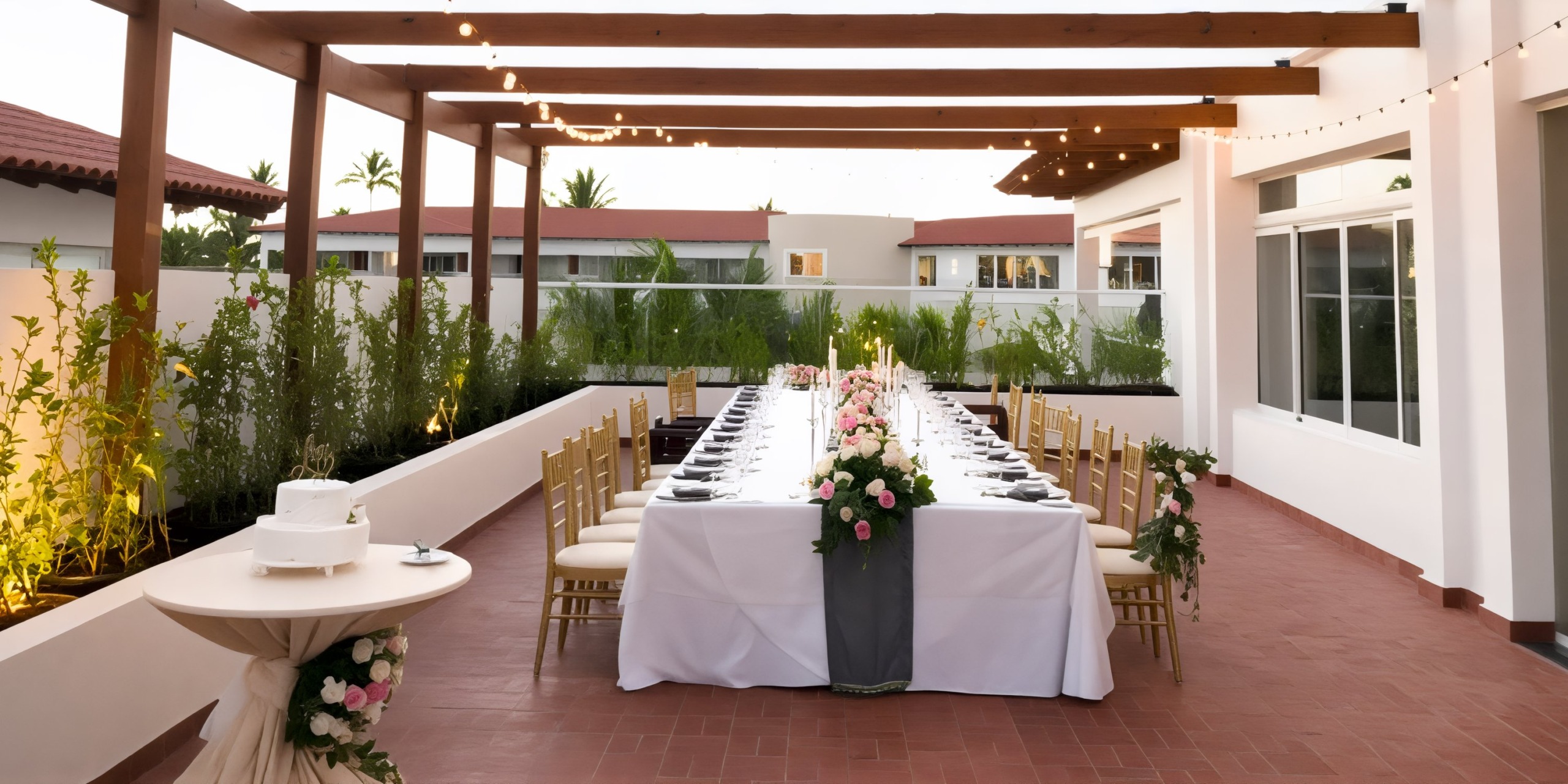 A stunning outdoor dining arrangement perfect for a destination wedding, featuring a long table adorned with elegant white linens, floral centerpieces, and enchanting string lights.