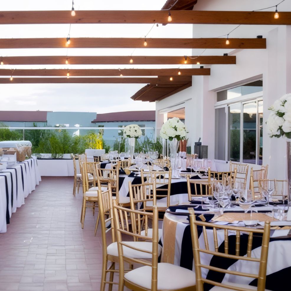 An outdoor dining area beautifully set up with elegantly decorated tables and golden chairs, illuminated by twinkling string lights, provides the perfect ambiance for a destination wedding.