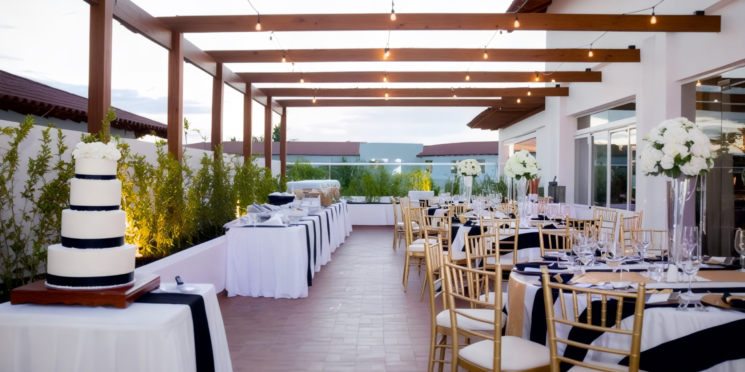 Wedding reception area outdoors featuring tables, chairs, string lights, and a tiered cake. This charming setting is perfect for a destination wedding celebration.