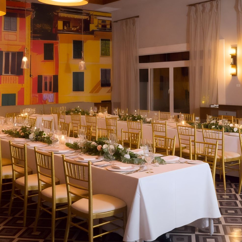 An elegant dining table adorned with gold chairs, a pristine white tablecloth, and a floral centerpiece takes center stage in a beautifully decorated room, perfect for a destination wedding.