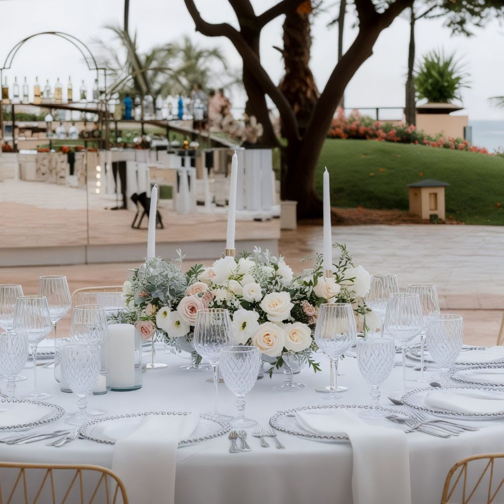 An elegant table setting featuring white flowers and candles graces the outdoor venue of a destination wedding.