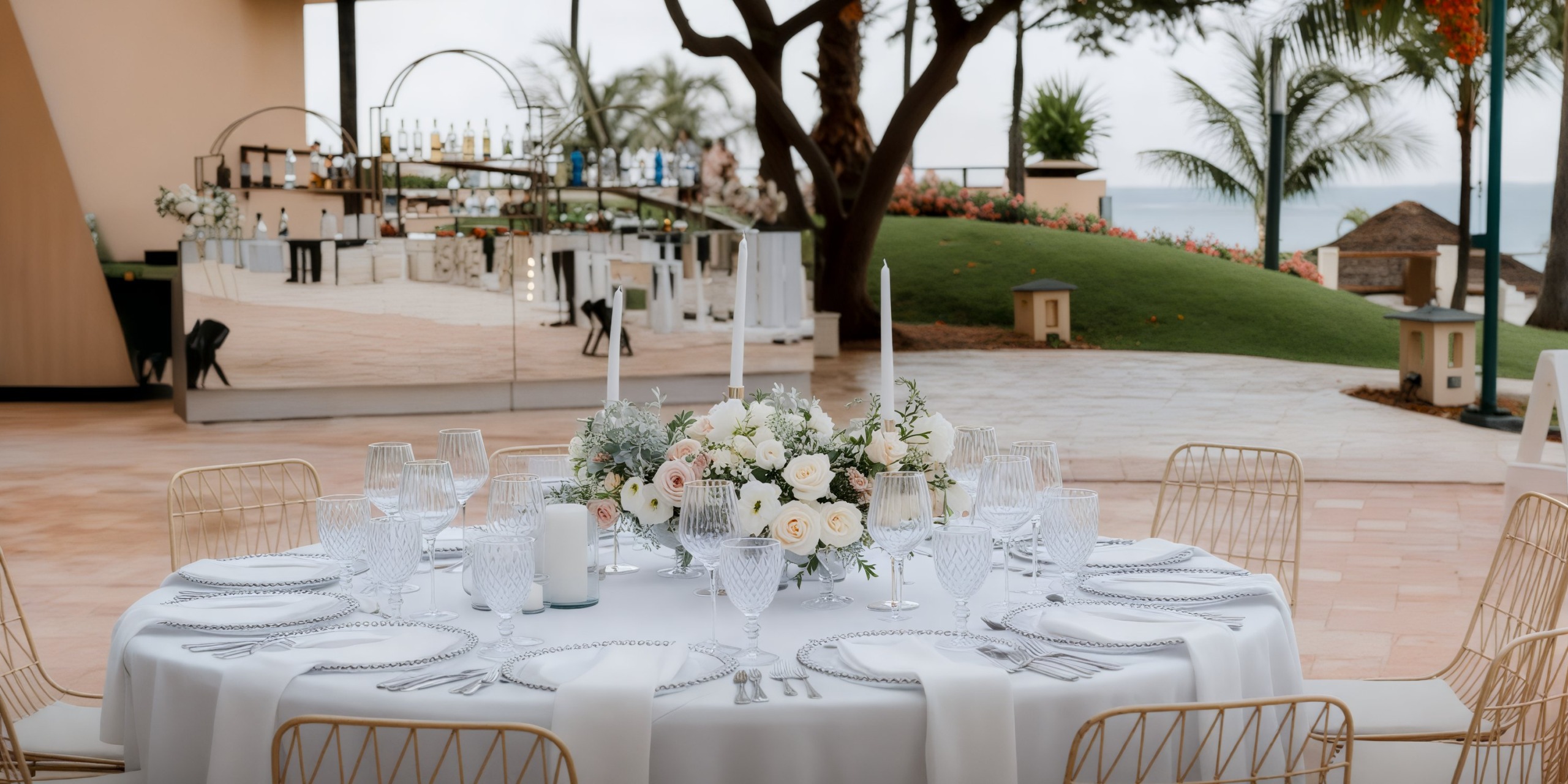 An elegant outdoor wedding table setting features a beautiful flower centerpiece, flickering candles, and exquisite glassware placed on a pristine white tablecloth.