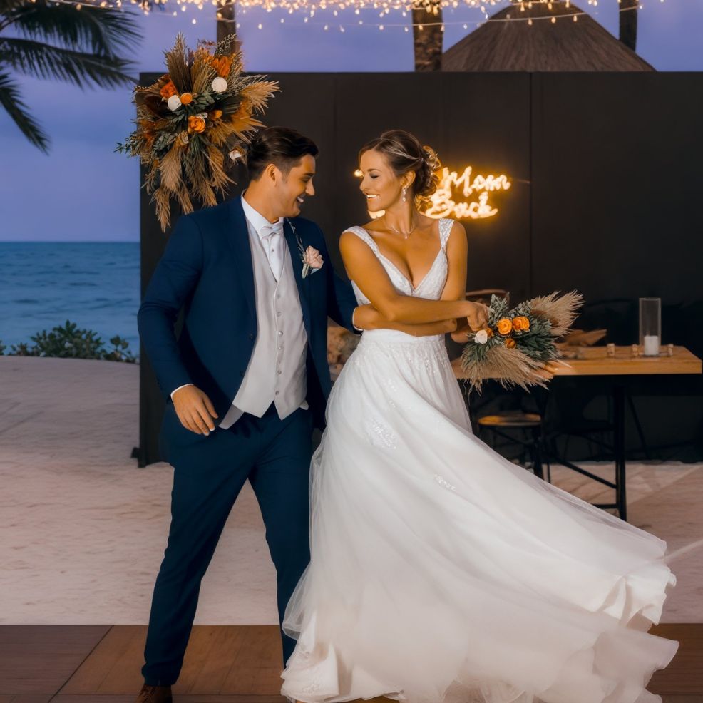 A couple gracefully dances at a destination wedding on the beach, surrounded by warm lights and beautiful floral decorations.