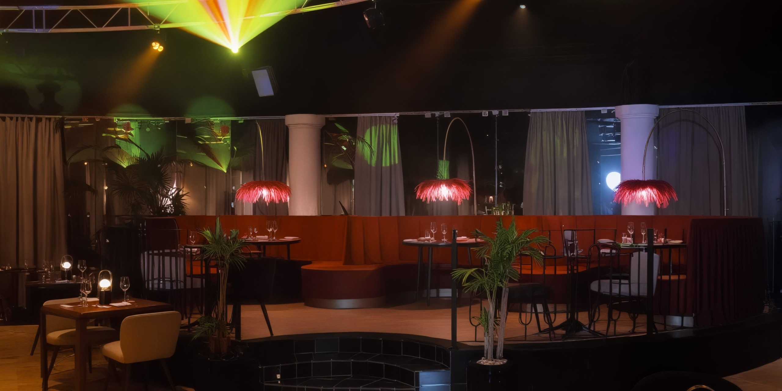 The interior of the restaurant is dimly lit, featuring tables and chairs arranged elegantly, complemented by decorative lighting, creating the perfect ambiance for a romantic destination wedding.
