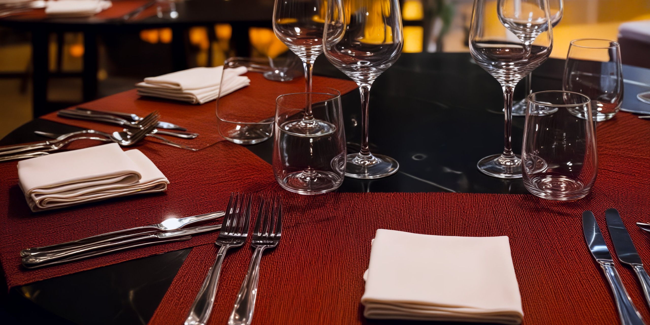 The table for the destination wedding is elegantly set with red placemats, complemented by sparkling glassware, polished silverware, and neatly folded napkins.
