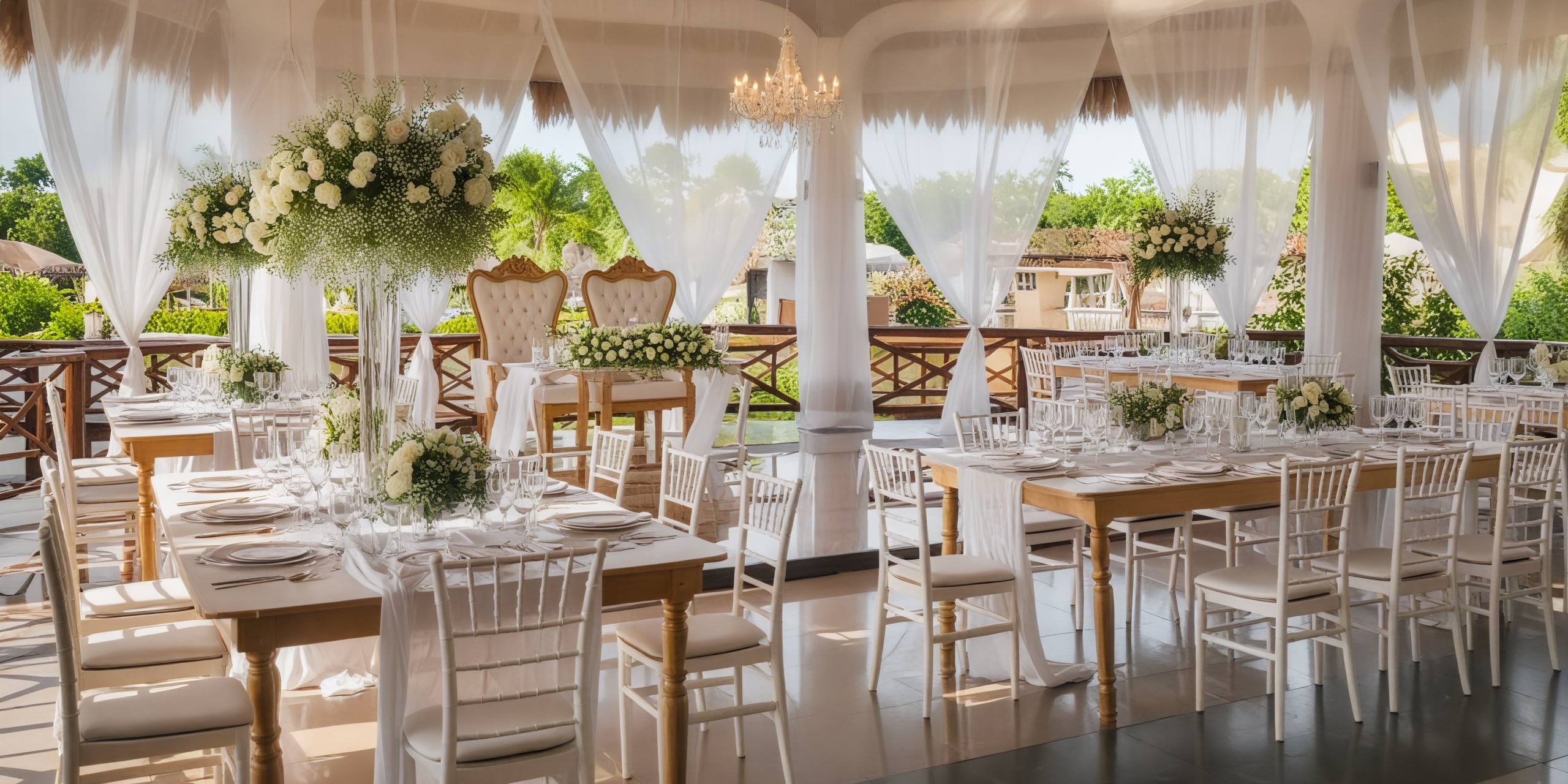 An exquisite destination wedding reception is arranged with white decor and wooden tables, set in a charming outdoor venue.